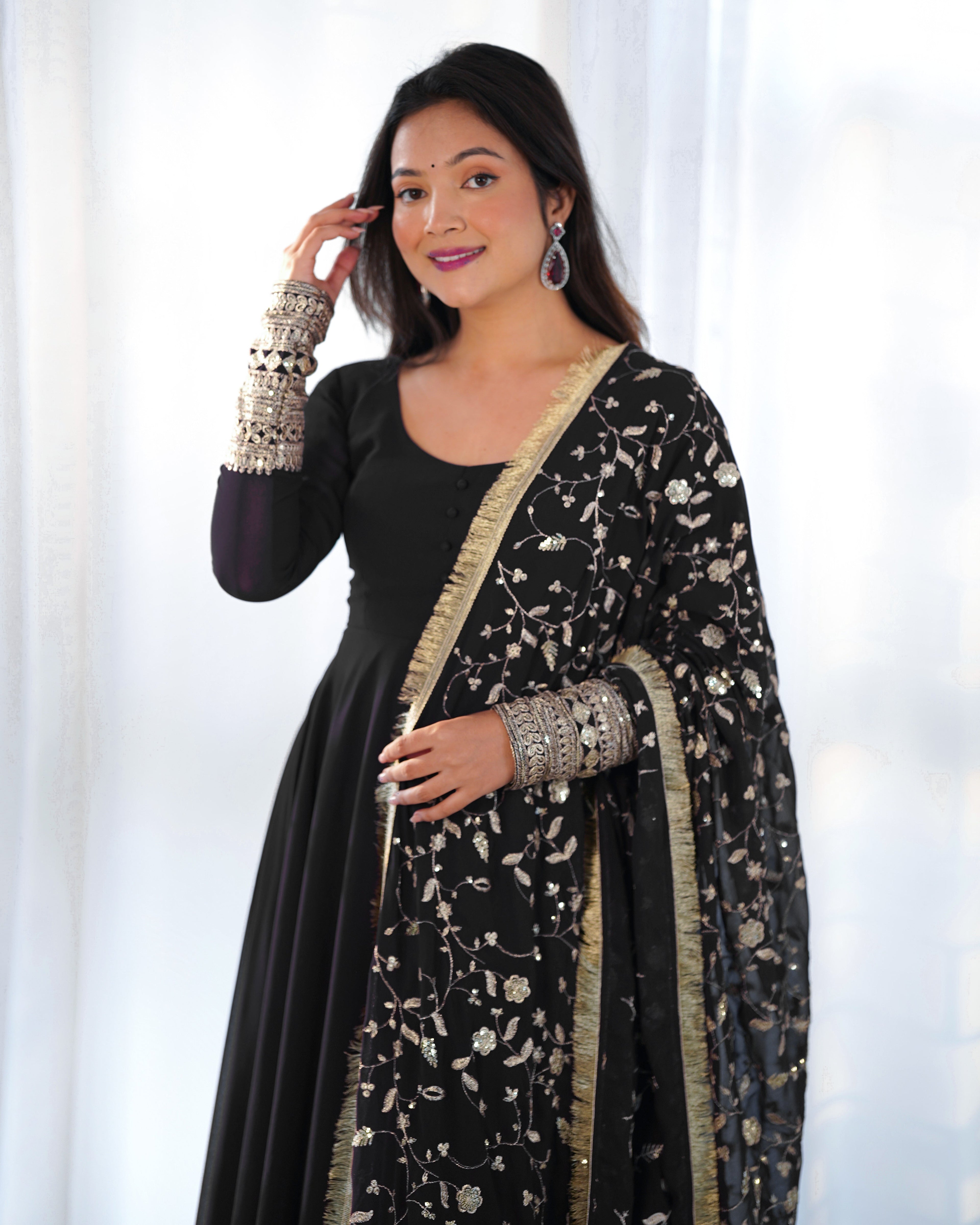 Black Designer Anarkali gown Flared Gown Wedding wear dress Full Stitched With Sequins Dupatta