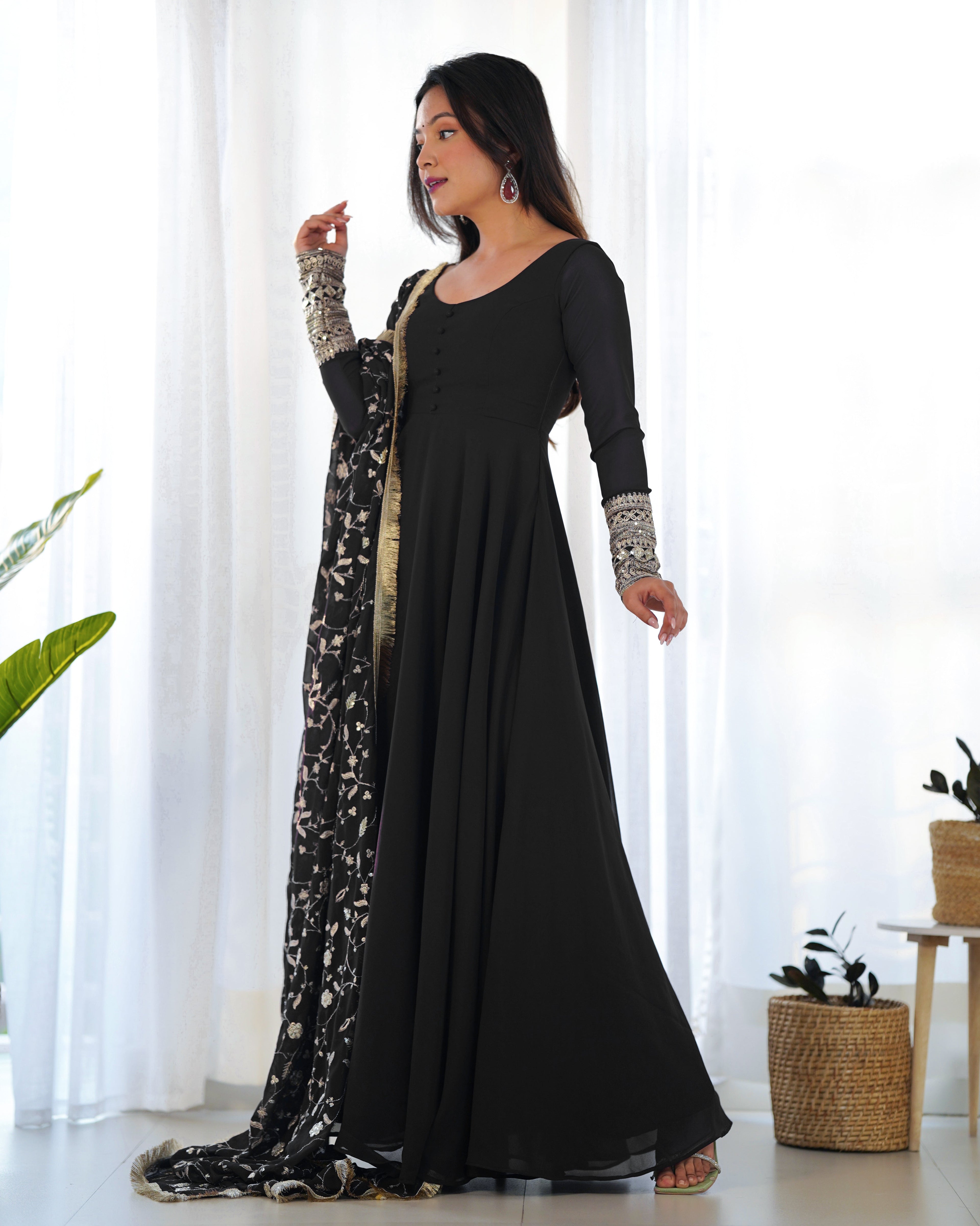 Black Designer Anarkali gown Flared Gown Wedding wear dress Full Stitched With Sequins Dupatta
