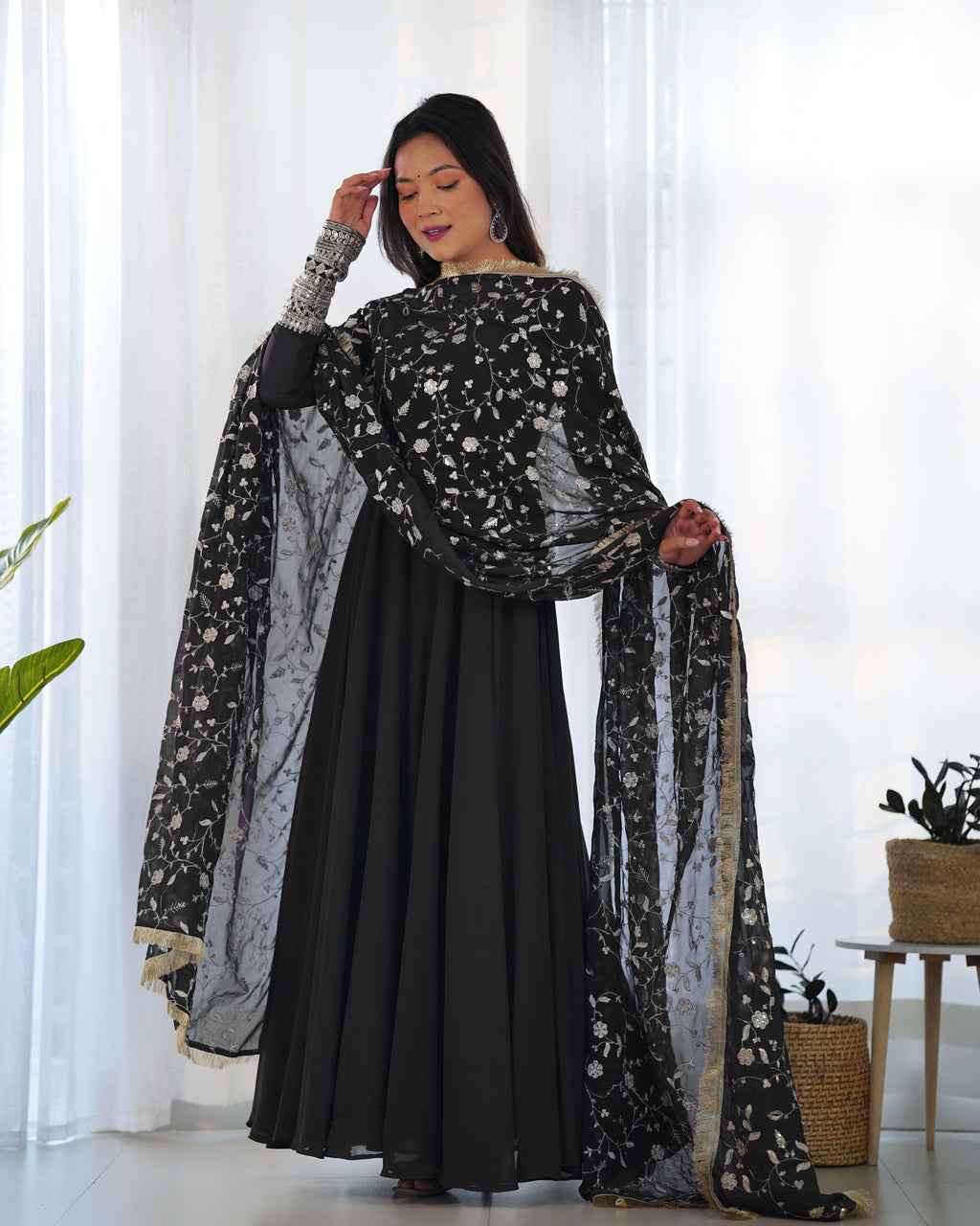 Black Designer Anarkali gown Flared Gown Wedding wear dress Full Stitched With Sequins Dupatta