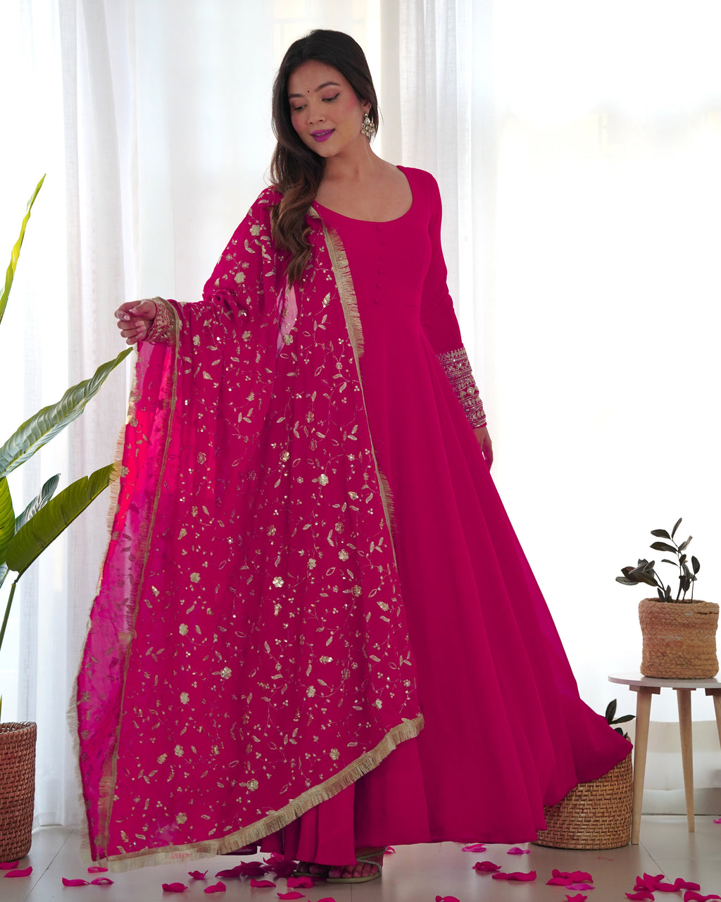 Pink Designer Anarkali gown Flared Gown Wedding wear dress Full Stitched With Sequins Dupatta