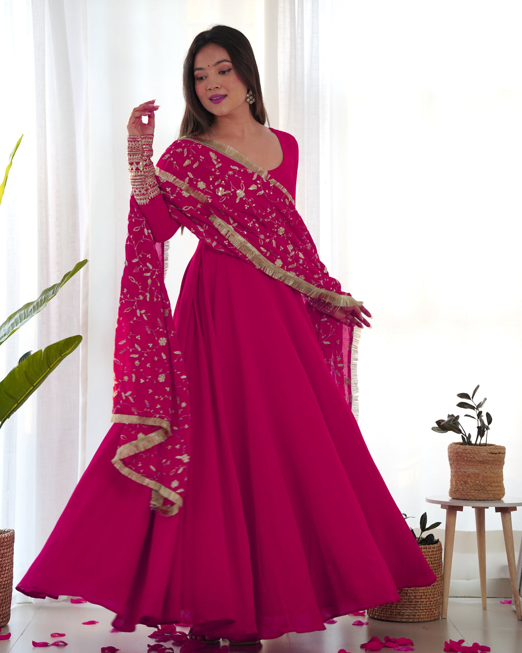 Pink Designer Anarkali gown Flared Gown Wedding wear dress Full Stitched With Sequins Dupatta