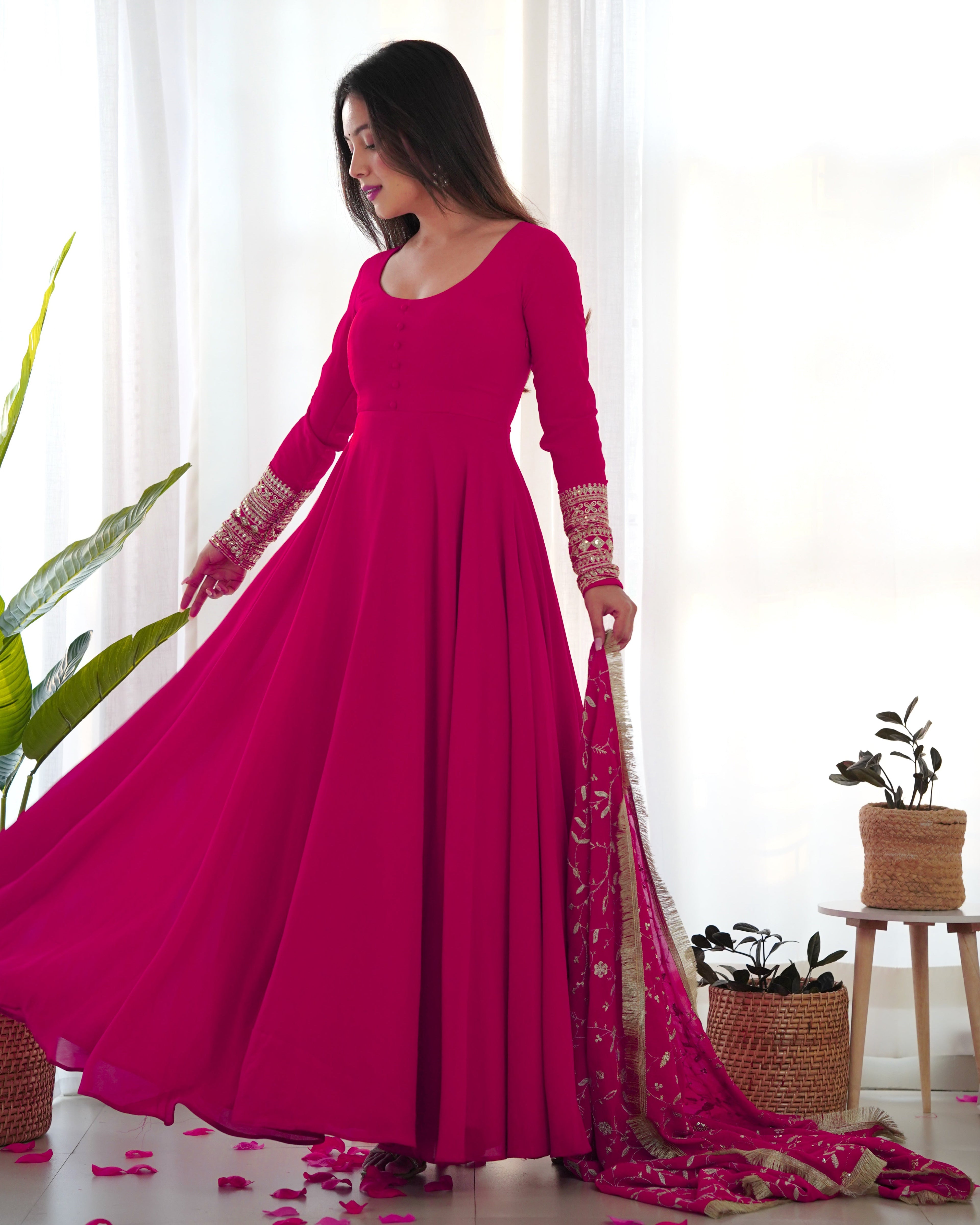 Pink Designer Anarkali gown Flared Gown Wedding wear dress Full Stitched With Sequins Dupatta