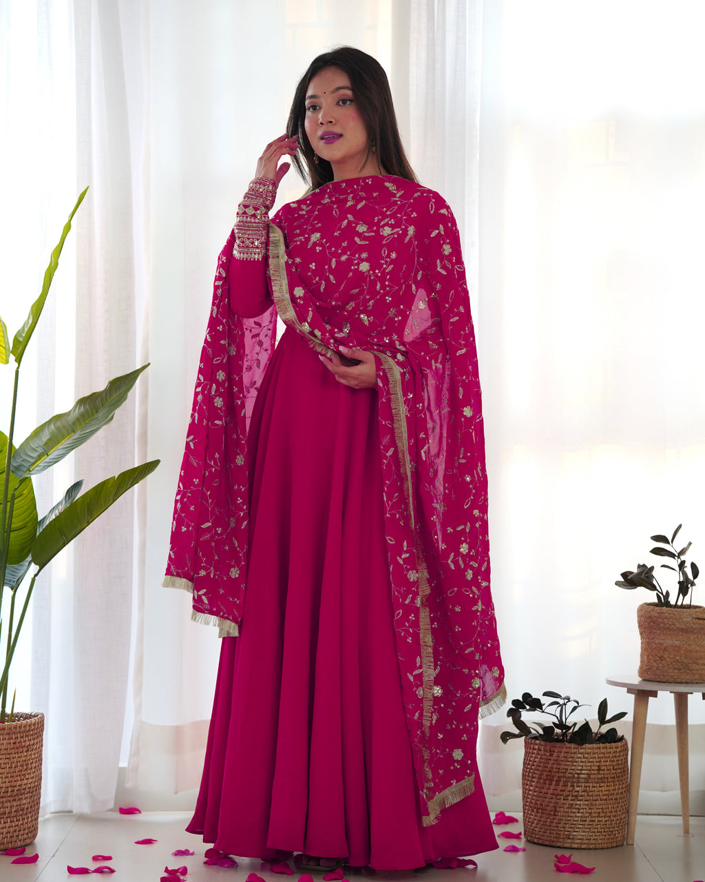 Pink Designer Anarkali gown Flared Gown Wedding wear dress Full Stitched With Sequins Dupatta