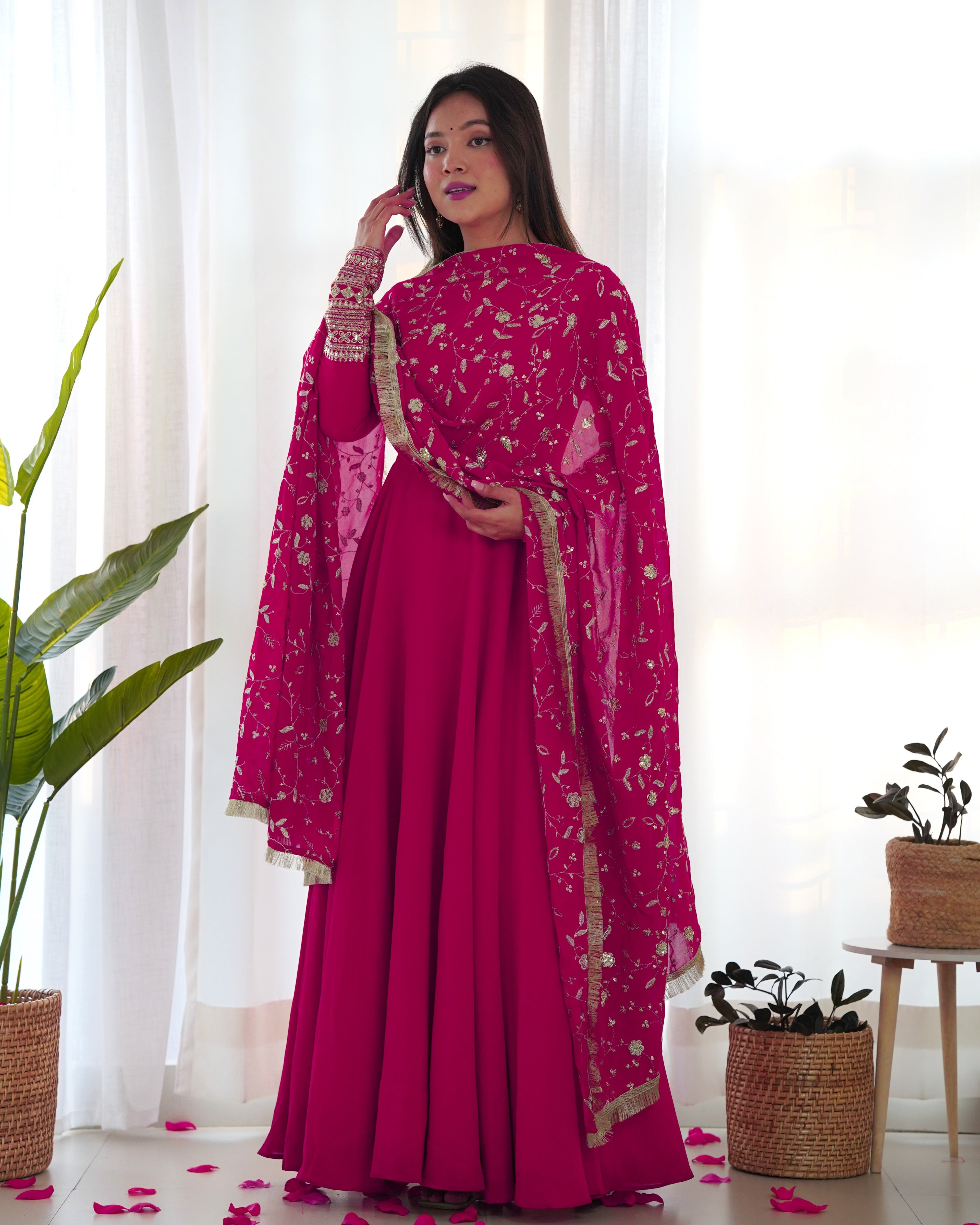 Pink Designer Anarkali gown Flared Gown Wedding wear dress Full Stitched With Sequins Dupatta