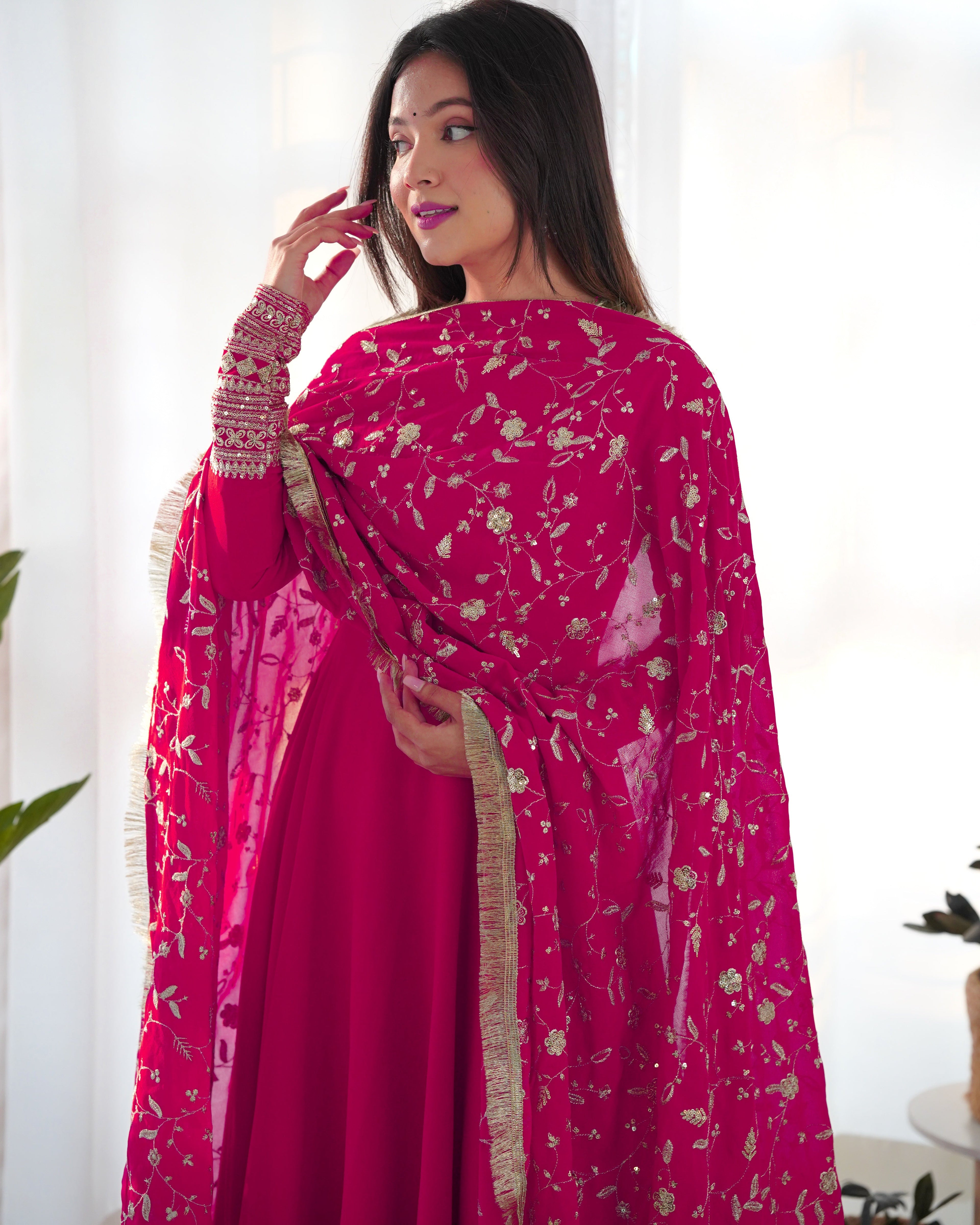 Pink Designer Anarkali gown Flared Gown Wedding wear dress Full Stitched With Sequins Dupatta
