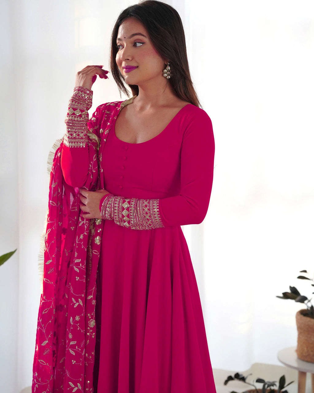 Pink Designer Anarkali gown Flared Gown Wedding wear dress Full Stitched With Sequins Dupatta