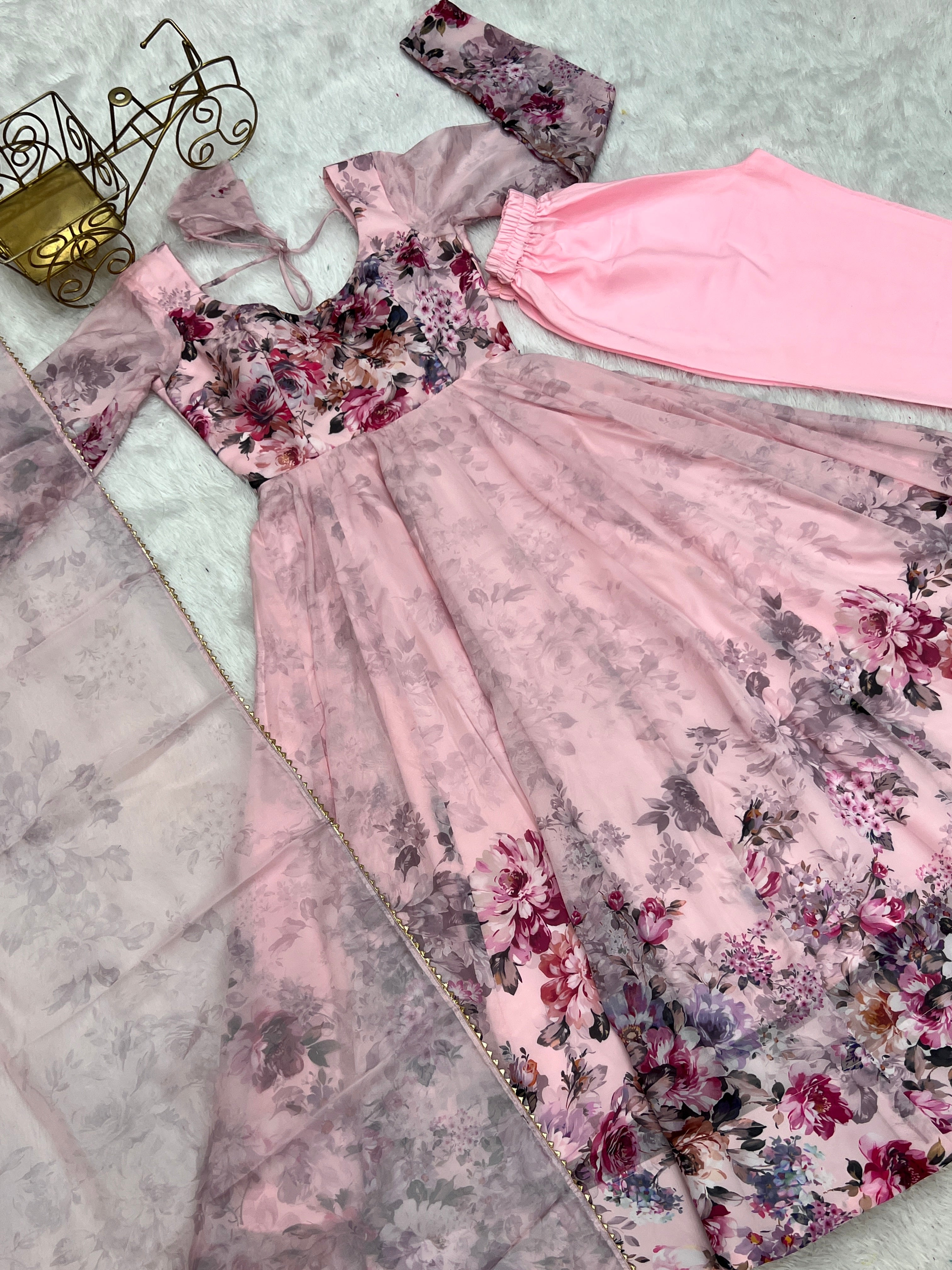 Light Pink Floral Anarkali Dress Gown Full Stitched Partywear Gown Indian Dress