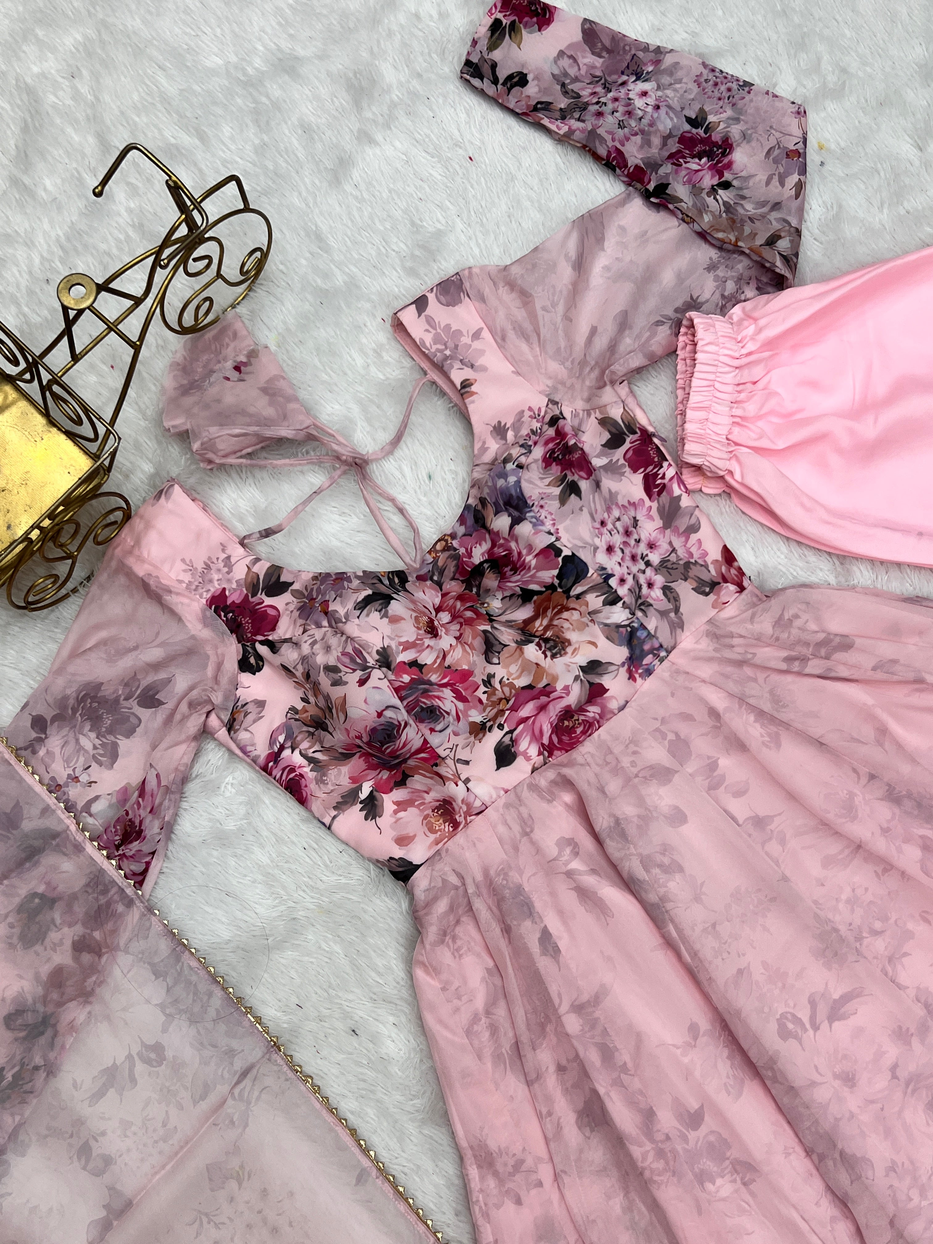 Light Pink Floral Anarkali Dress Gown Full Stitched Partywear Gown Indian Dress