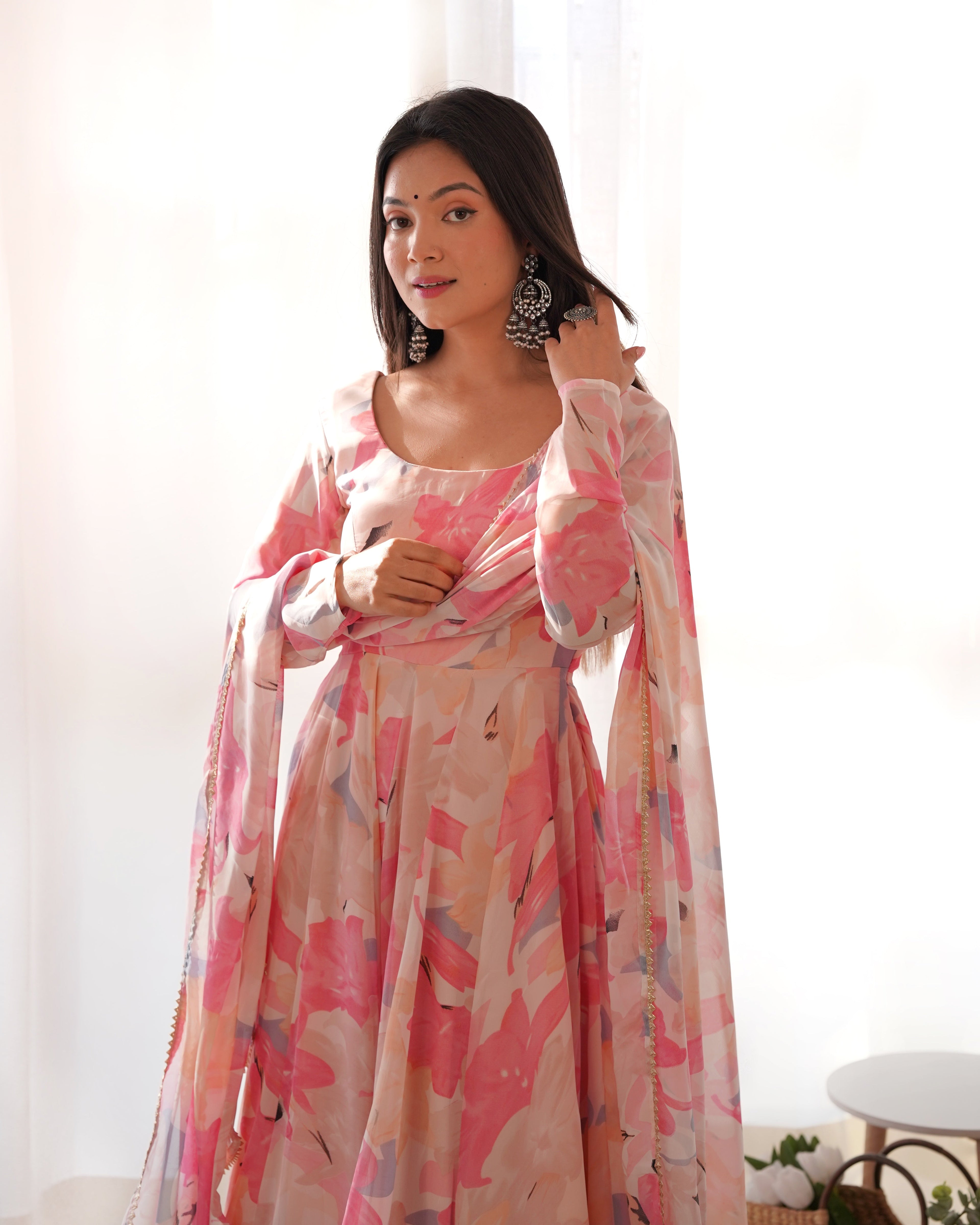Pink gown Heavy Pure Fox Georgette Multi Floral Print Full Stitched Partywear Gown Indian Dress