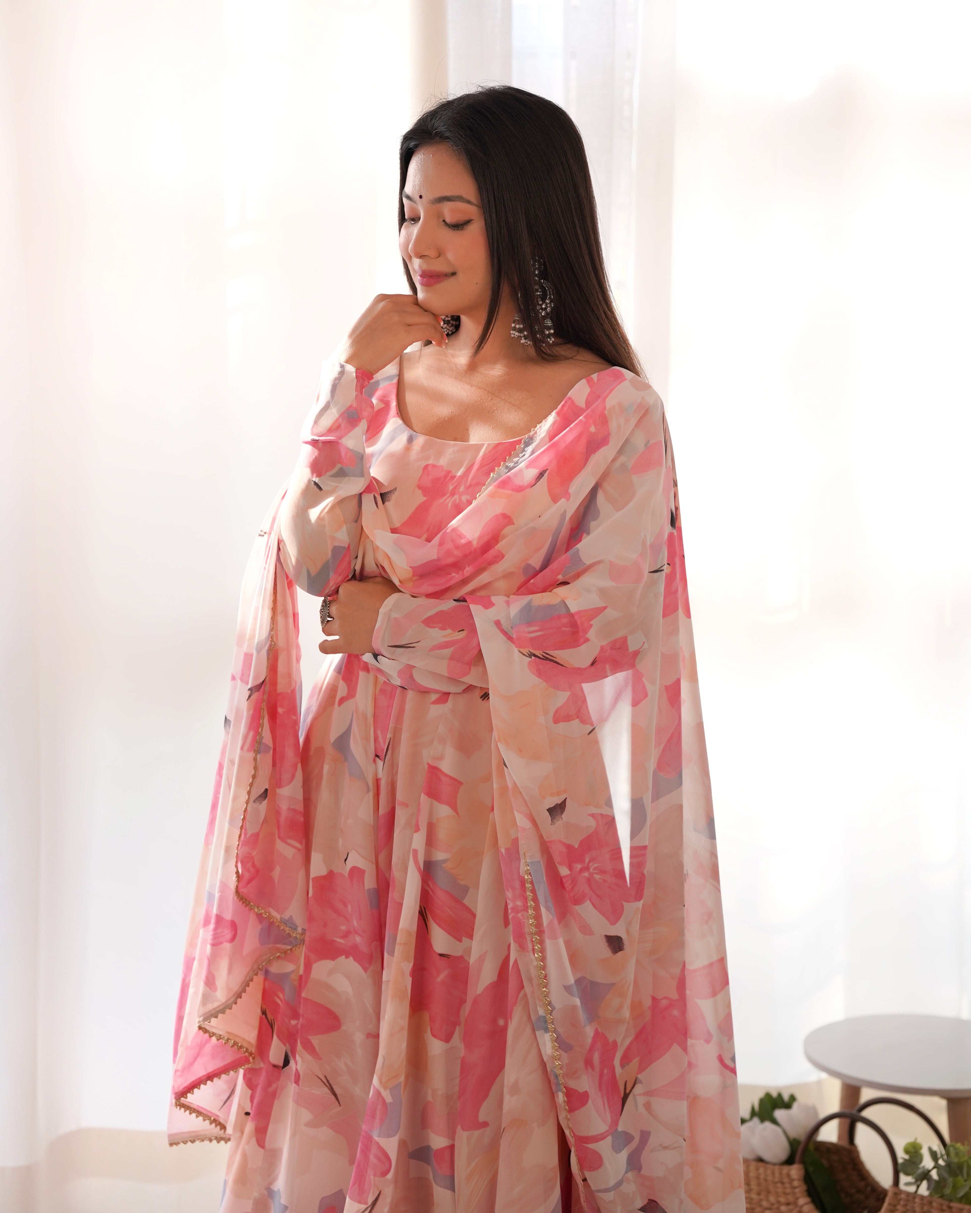 Pink gown Heavy Pure Fox Georgette Multi Floral Print Full Stitched Partywear Gown Indian Dress