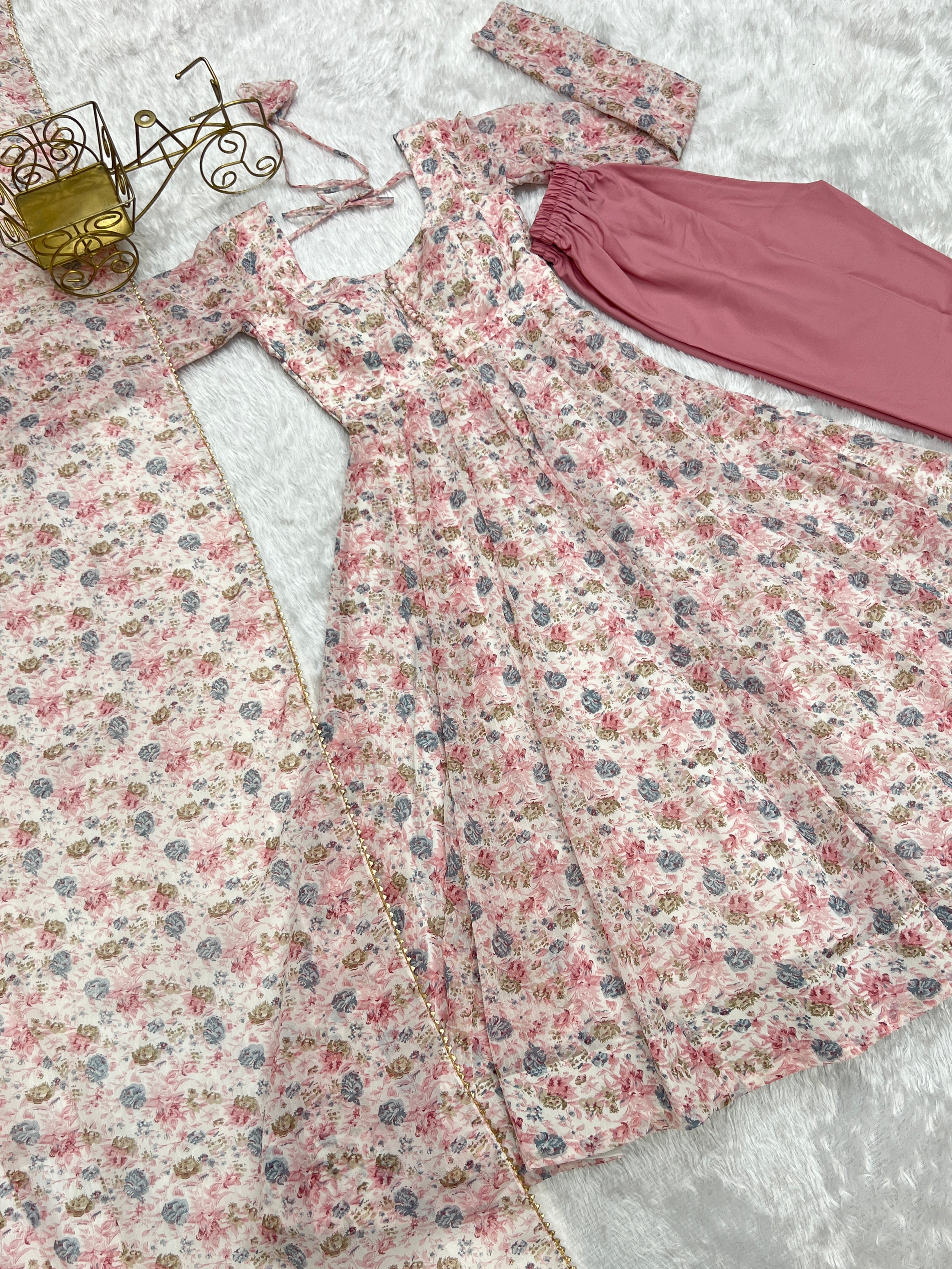 Light Pink Chiffon Floral Print Anarkali gown  Partywear Gown Indian Dress