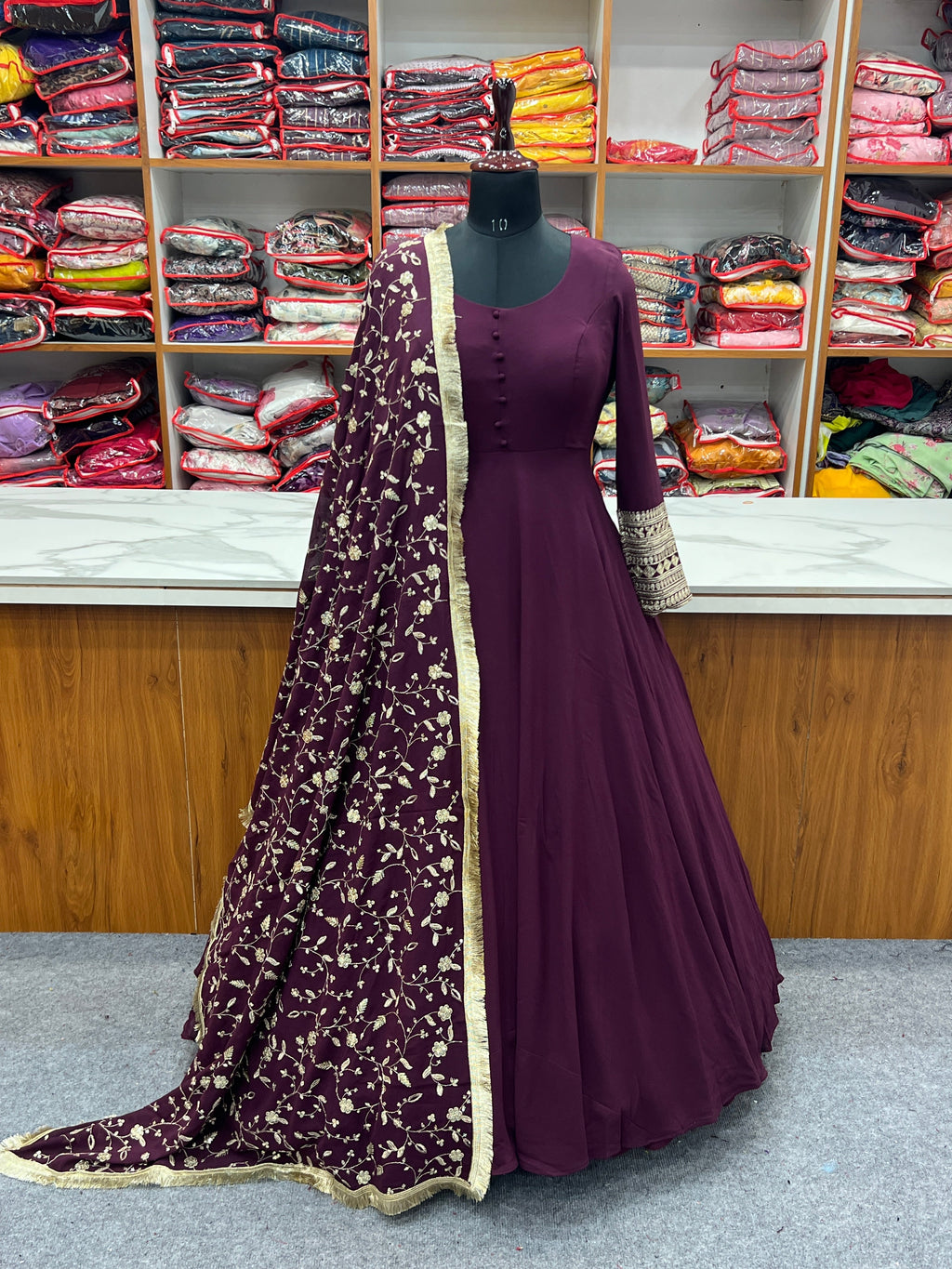 Wine Designer Anarkali gown Flared Gown Wedding wear dress Full Stitched With Sequins Dupatta