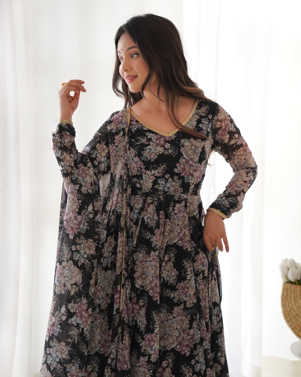 Black Floral Anarkali Dress Georgette Gown Full Stitched Partywear Gown Indian Dress