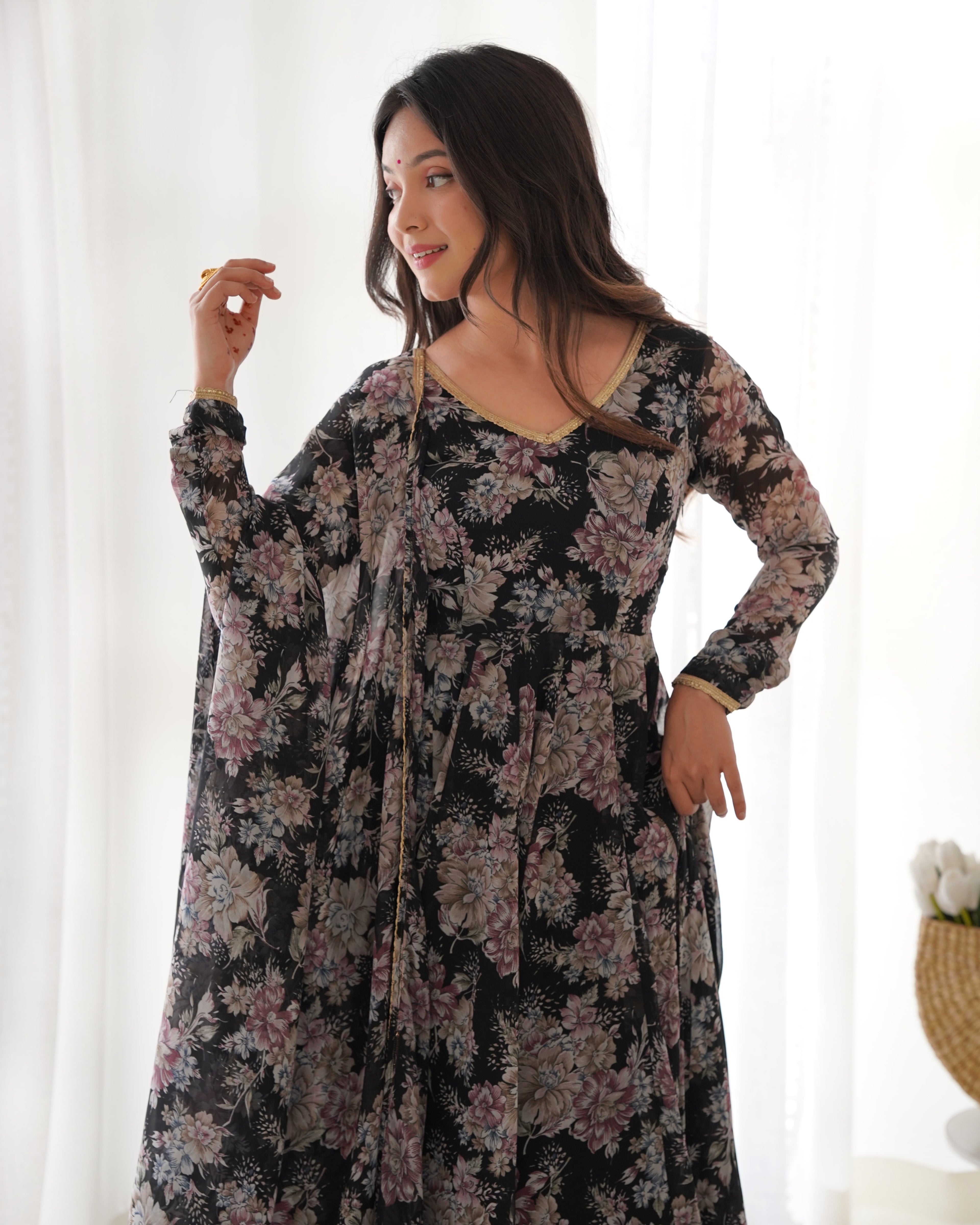 Black Floral Anarkali Dress Georgette Gown Full Stitched Partywear Gown Indian Dress