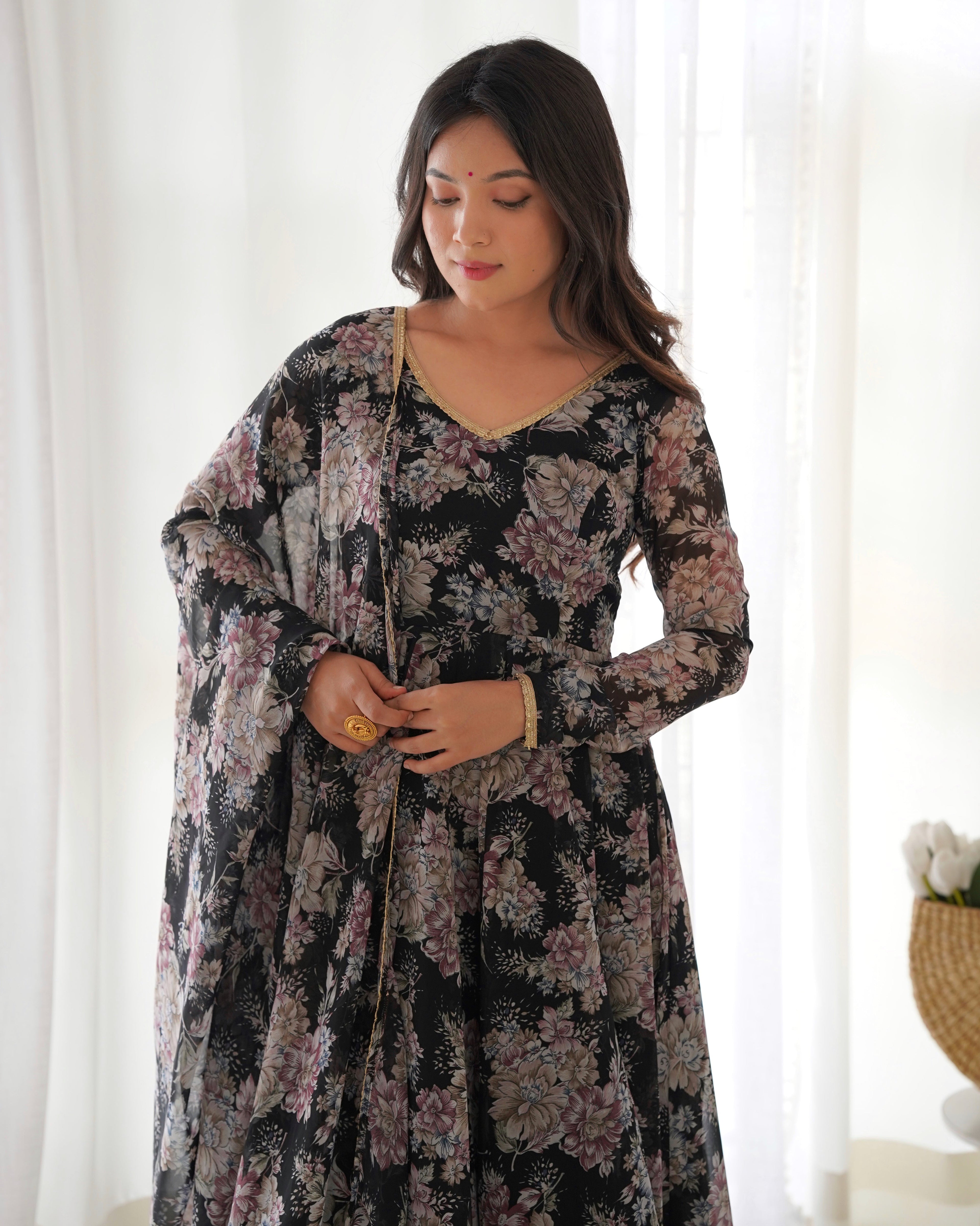 Black Floral Anarkali Dress Georgette Gown Full Stitched Partywear Gown Indian Dress