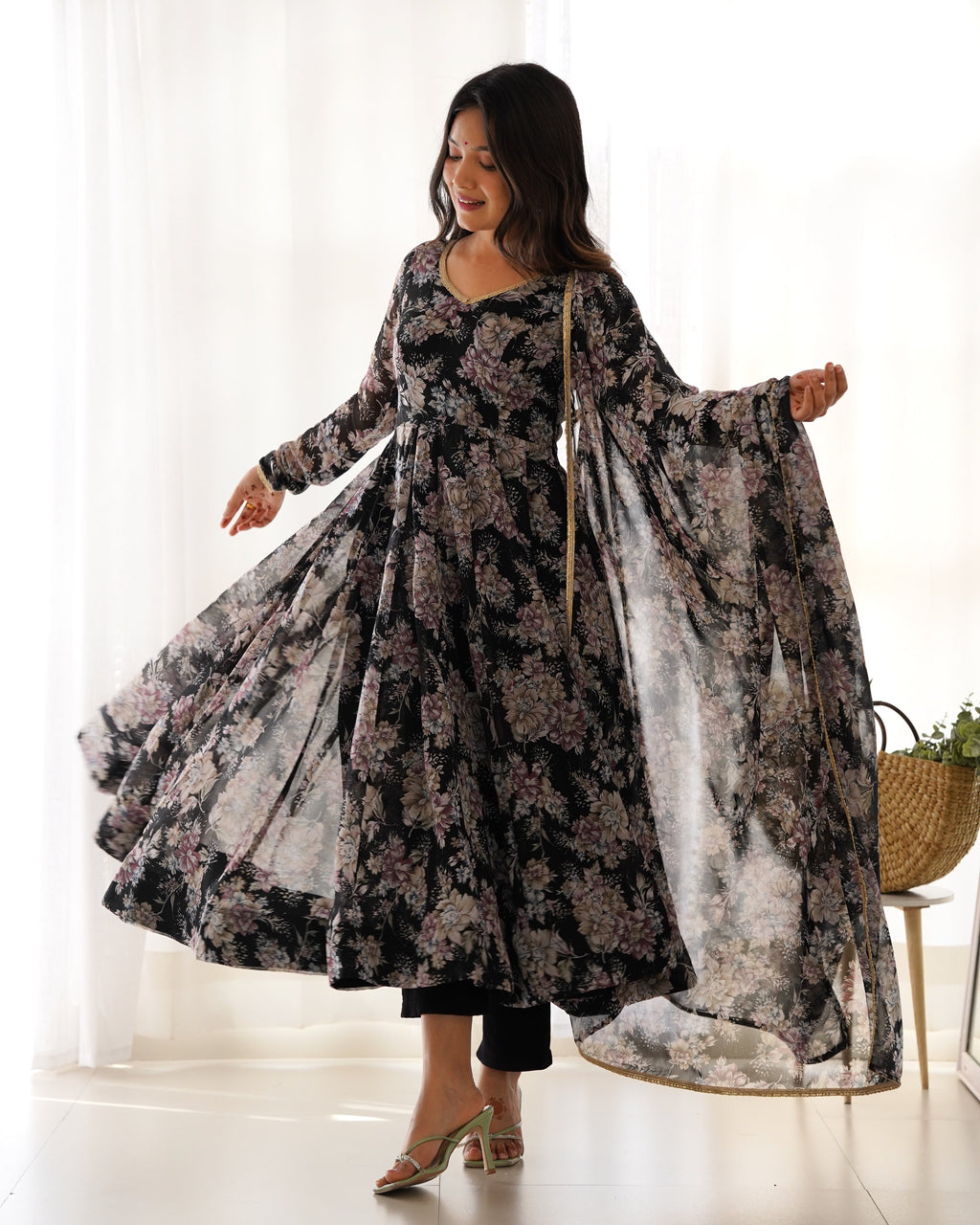 Black Floral Anarkali Dress Georgette Gown Full Stitched Partywear Gown Indian Dress