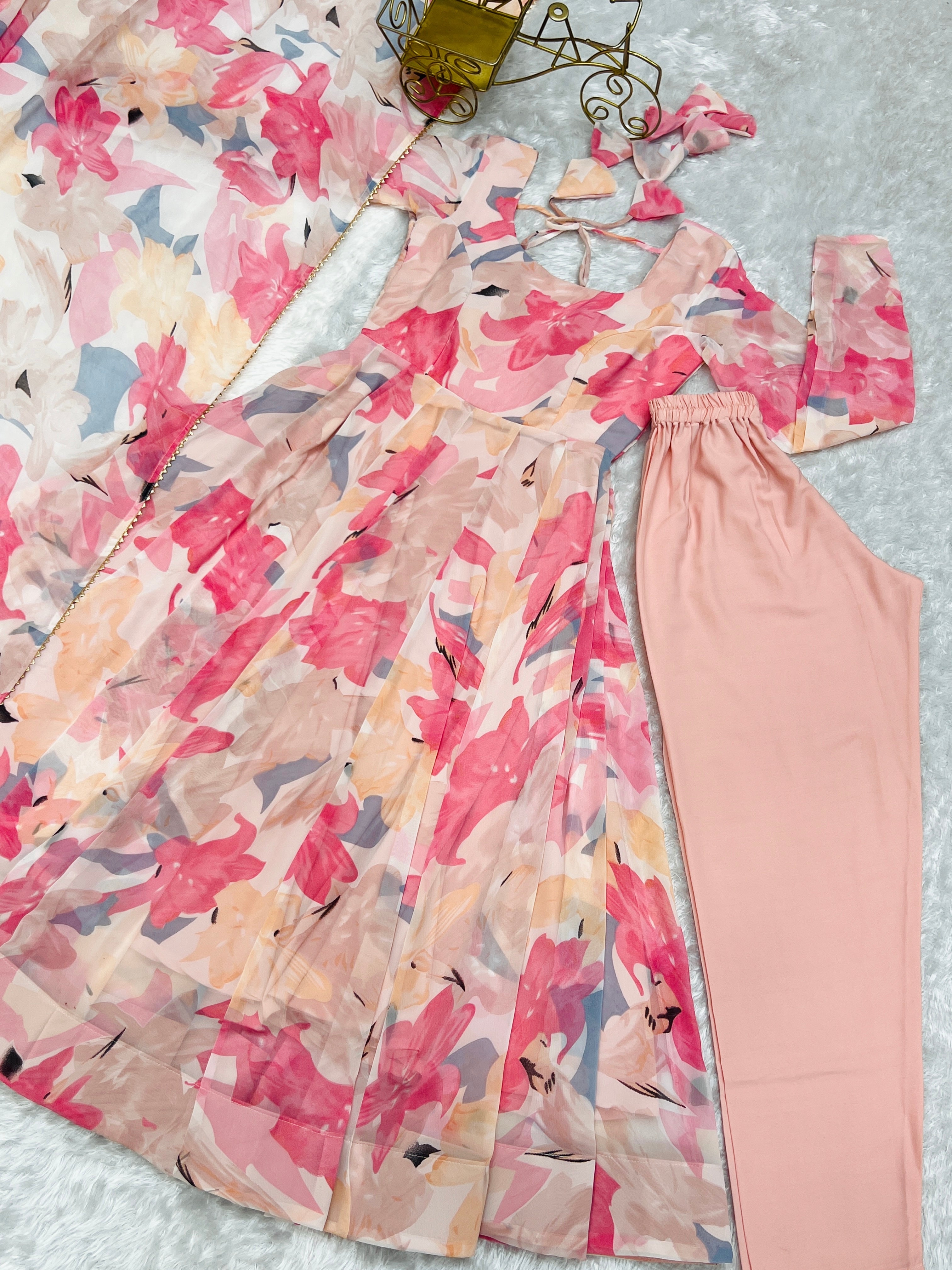 Pink gown Heavy Pure Fox Georgette Multi Floral Print Full Stitched Partywear Gown Indian Dress