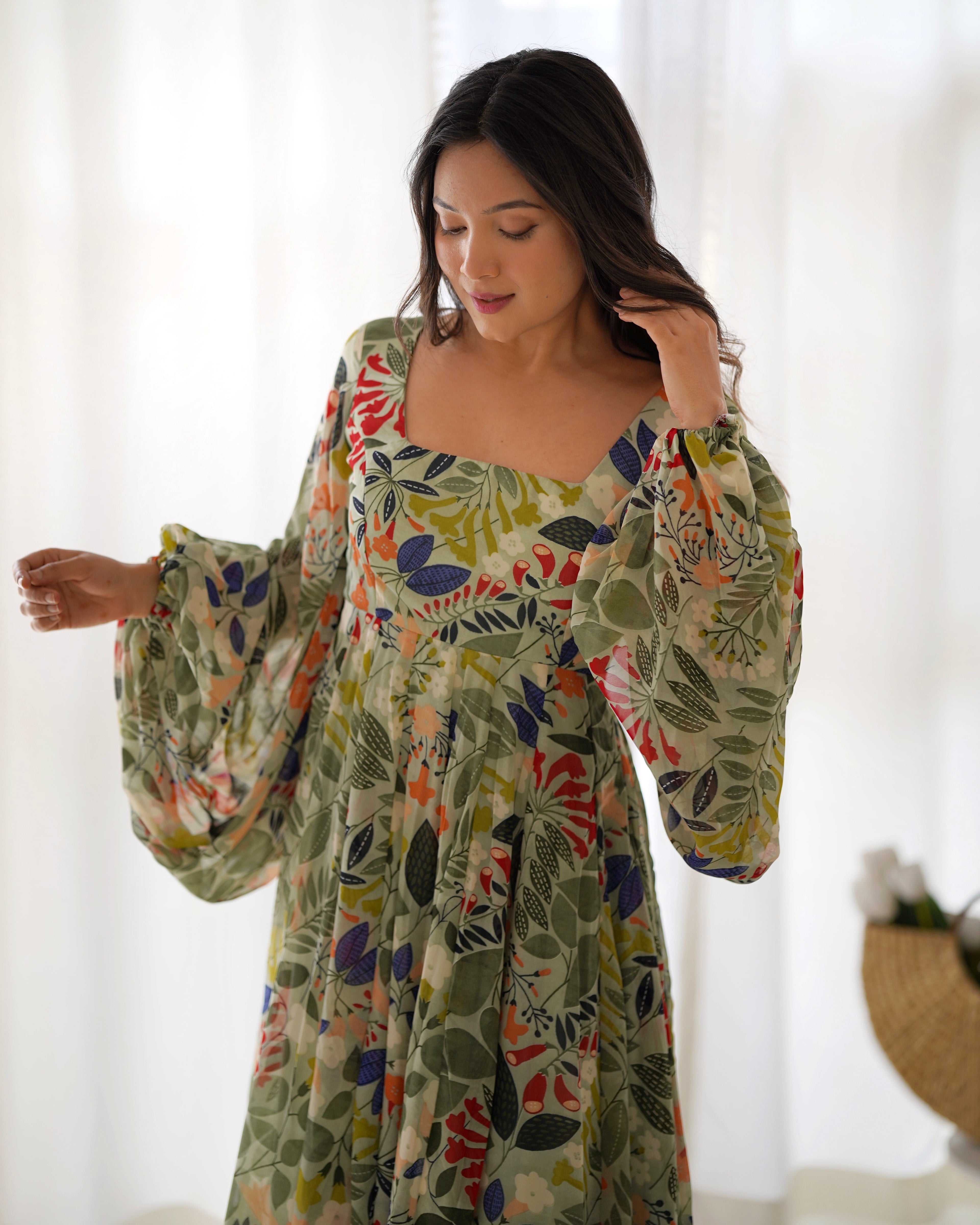 Green Balloon Sleeves , Kali And Gathering Heavy Georgette Floral  Print Fabric Fully Flair Full Stitched Partywear Gown Indian Dress