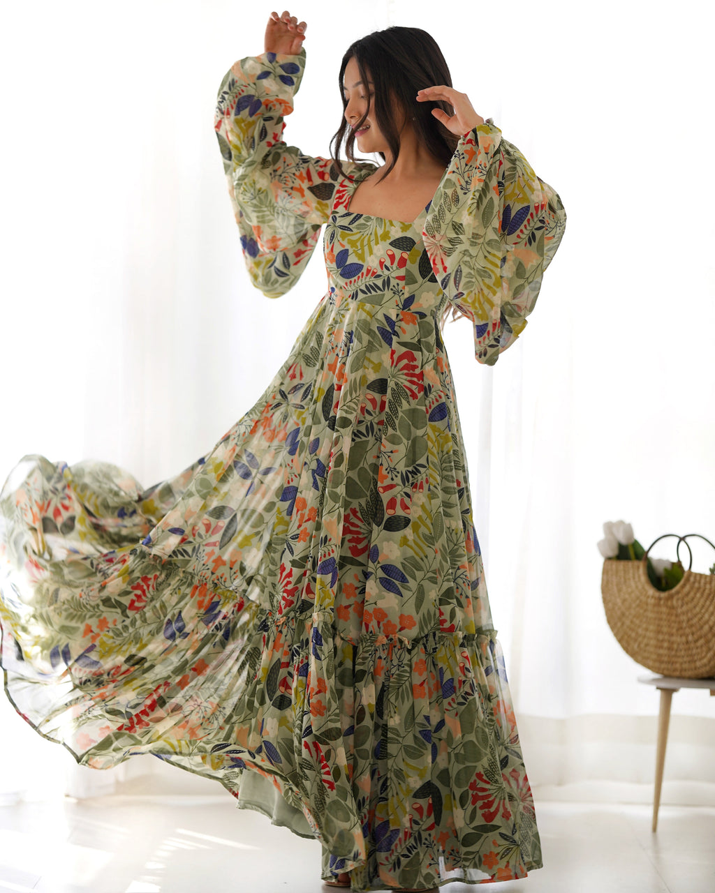 Green Balloon Sleeves , Kali And Gathering Heavy Georgette Floral  Print Fabric Fully Flair Full Stitched Partywear Gown Indian Dress