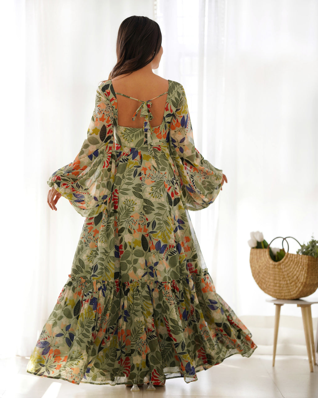 Green Balloon Sleeves , Kali And Gathering Heavy Georgette Floral  Print Fabric Fully Flair Full Stitched Partywear Gown Indian Dress