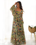 Green Balloon Sleeves , Kali And Gathering Heavy Georgette Floral  Print Fabric Fully Flair Full Stitched Partywear Gown Indian Dress