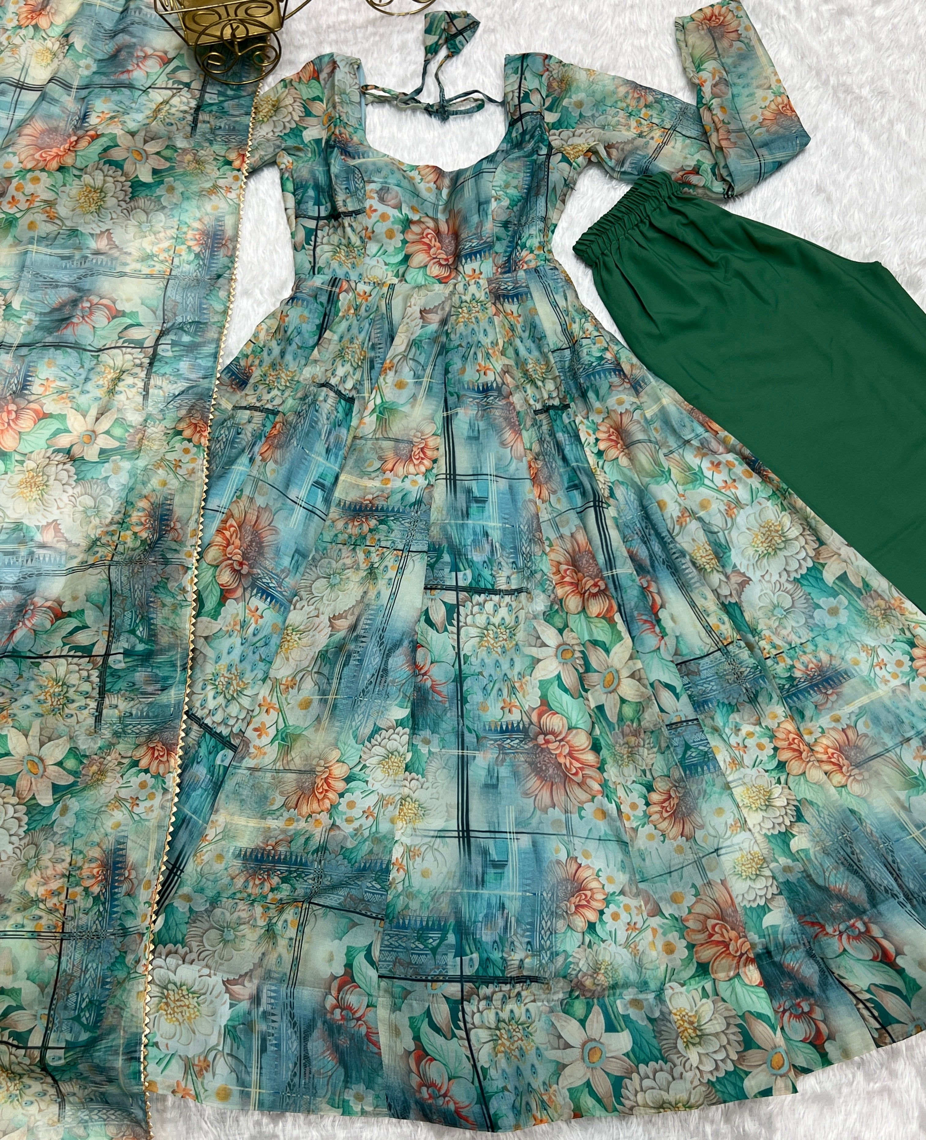 Light Green Anarkali gown Heavy Pure Fox Kali Pattern And Canvas Patt Full Stitched Partywear Gown Indian Dress