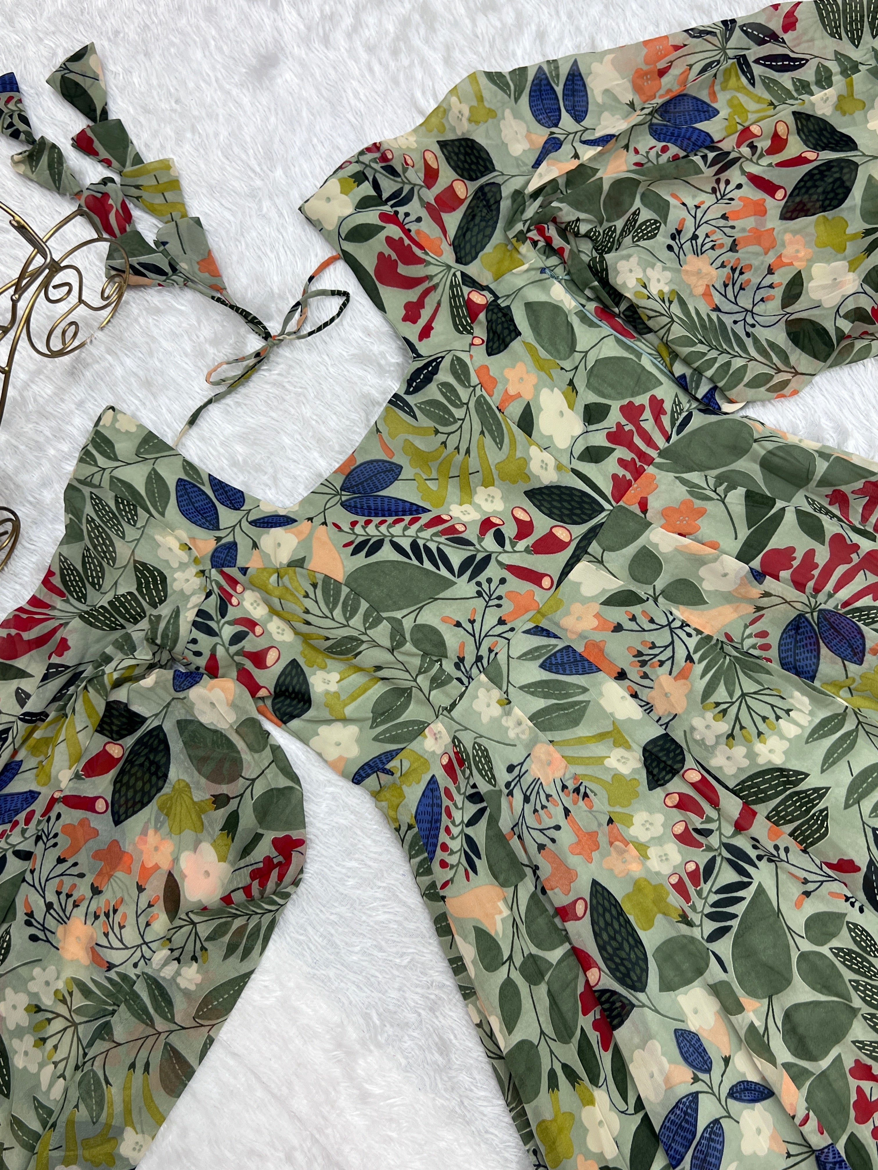 Green Balloon Sleeves , Kali And Gathering Heavy Georgette Floral  Print Fabric Fully Flair Full Stitched Partywear Gown Indian Dress