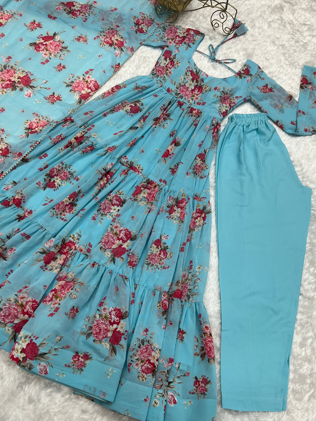 Sky Blue Georgette Floral Print Fabric Fully Flair Anarkali,With Duppta Set,Pent Ready To Wear Partywear Gown Indian Dress