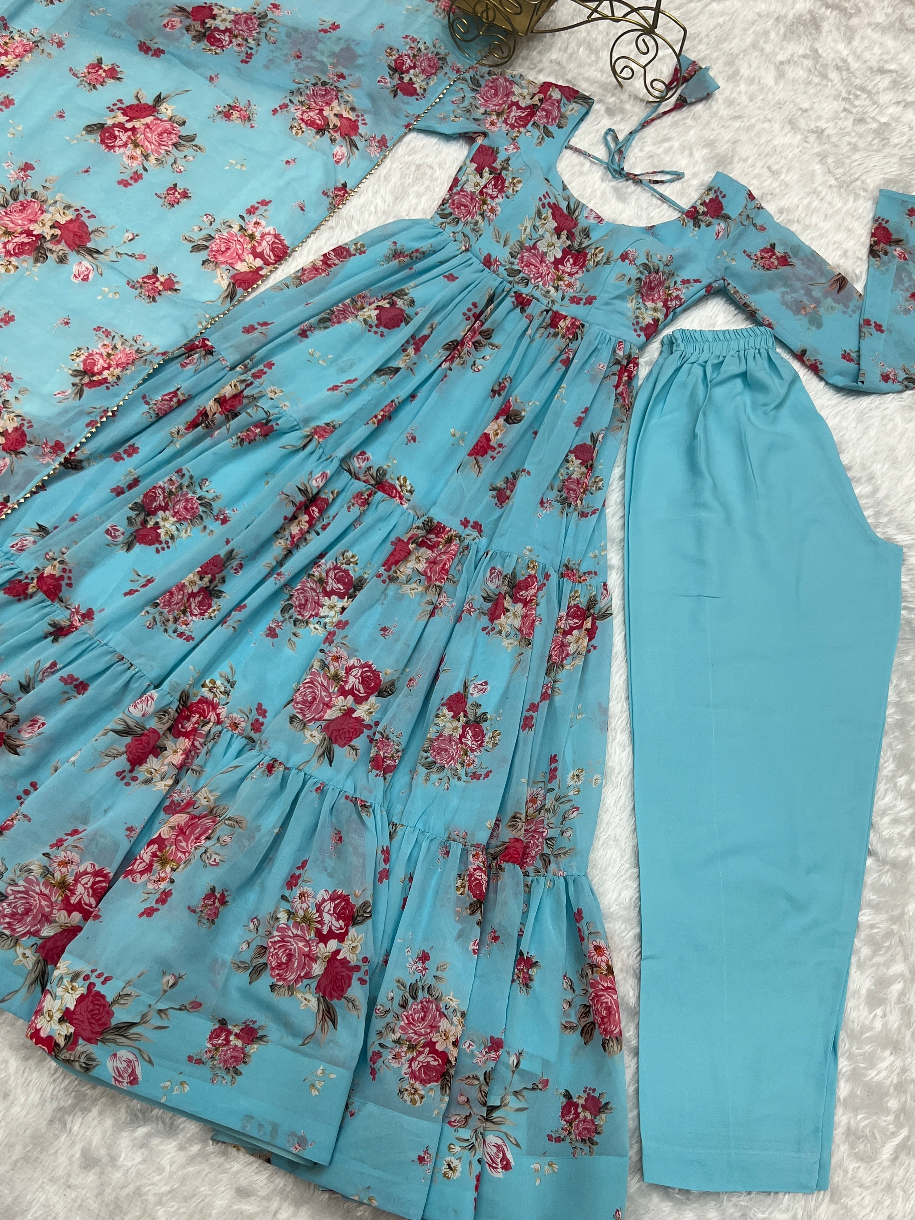 Sky Blue Georgette Floral Print Fabric Fully Flair Anarkali,With Duppta Set,Pent Ready To Wear Partywear Gown Indian Dress