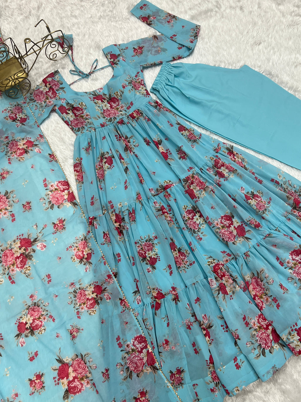 Sky Blue Georgette Floral Print Fabric Fully Flair Anarkali,With Duppta Set,Pent Ready To Wear Partywear Gown Indian Dress