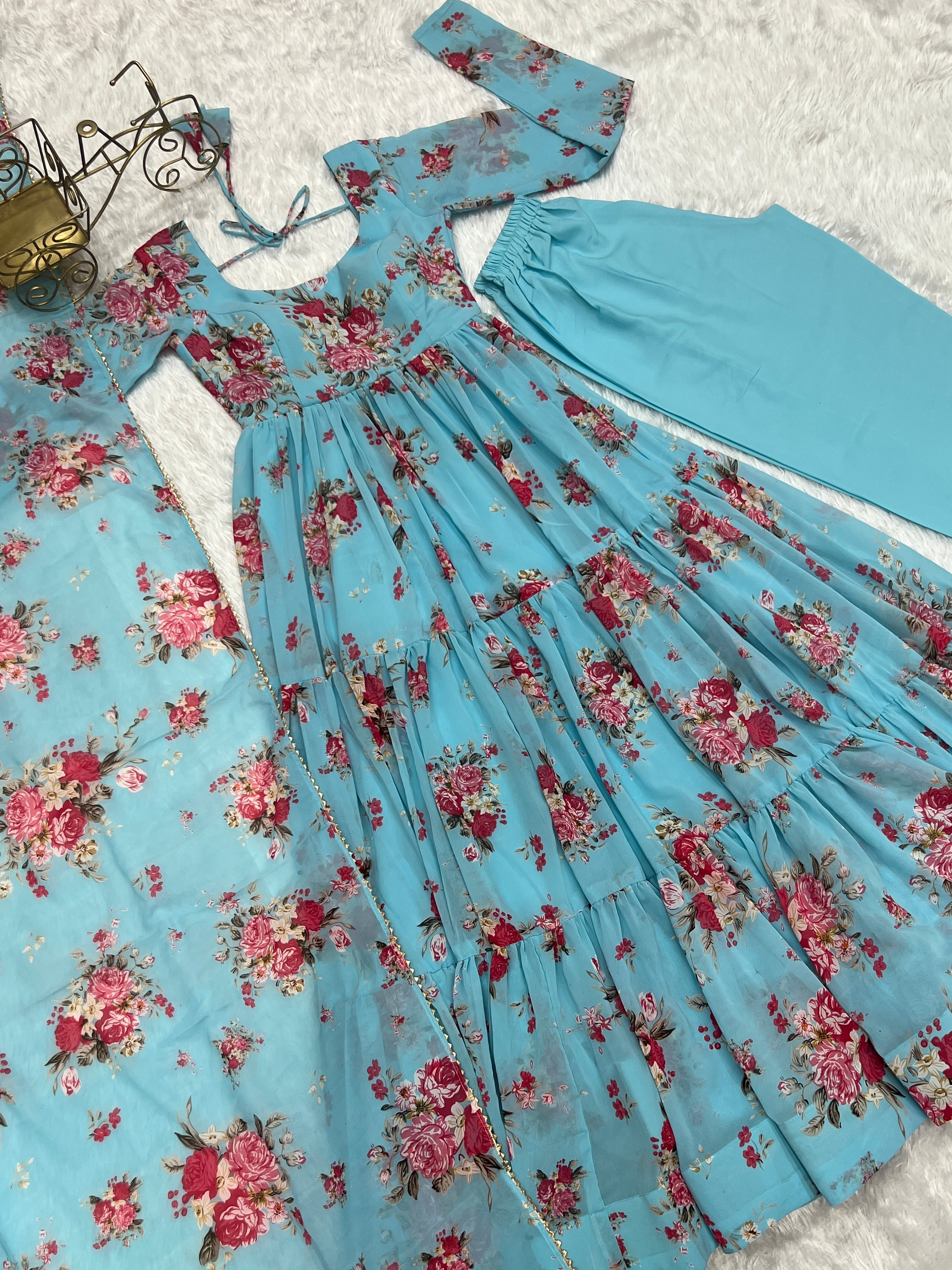 Sky Blue Georgette Floral Print Fabric Fully Flair Anarkali,With Duppta Set,Pent Ready To Wear Partywear Gown Indian Dress