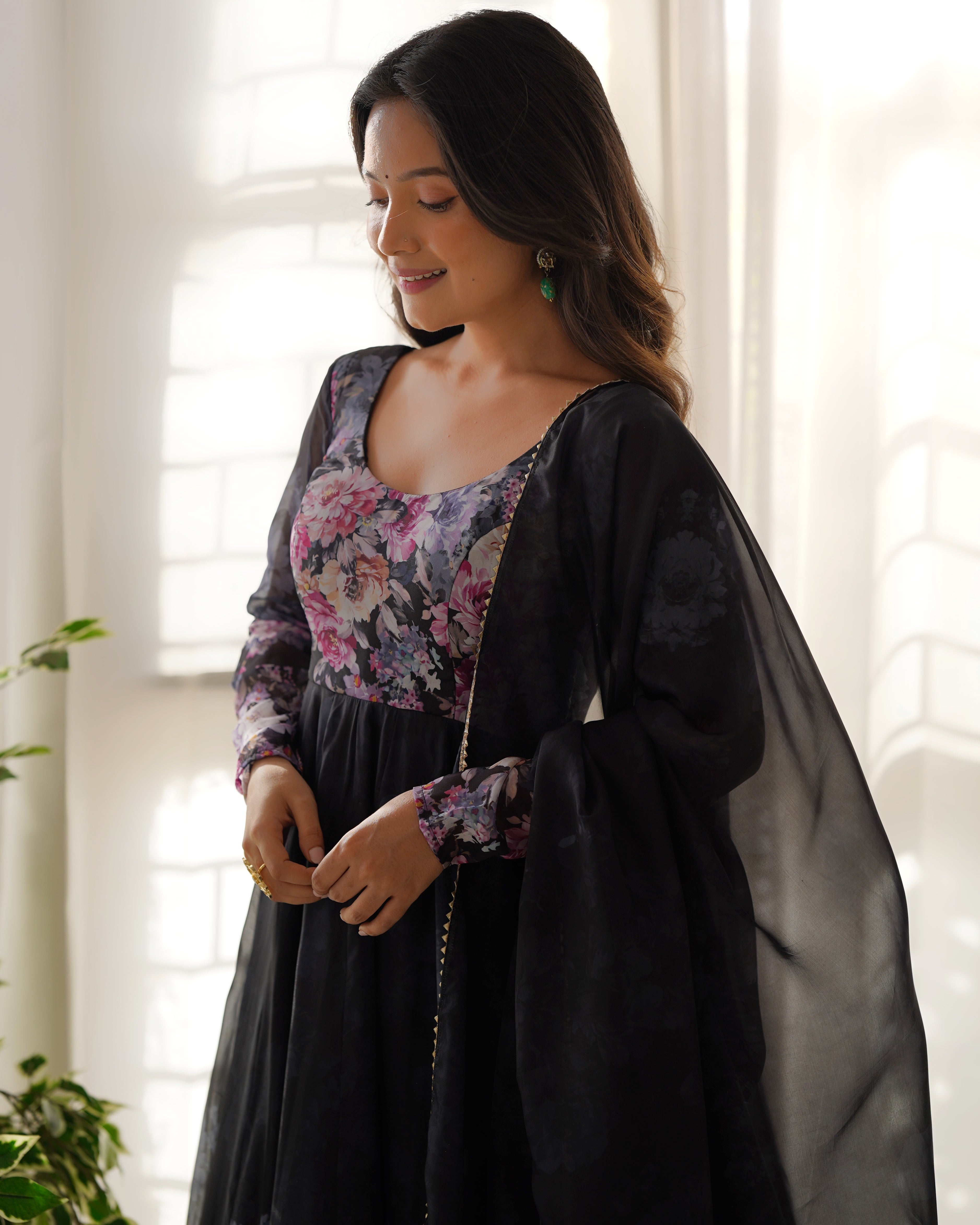 Black Floral Anarkali Dress Georgette Gown Full Stitched Partywear Gown Indian Dress