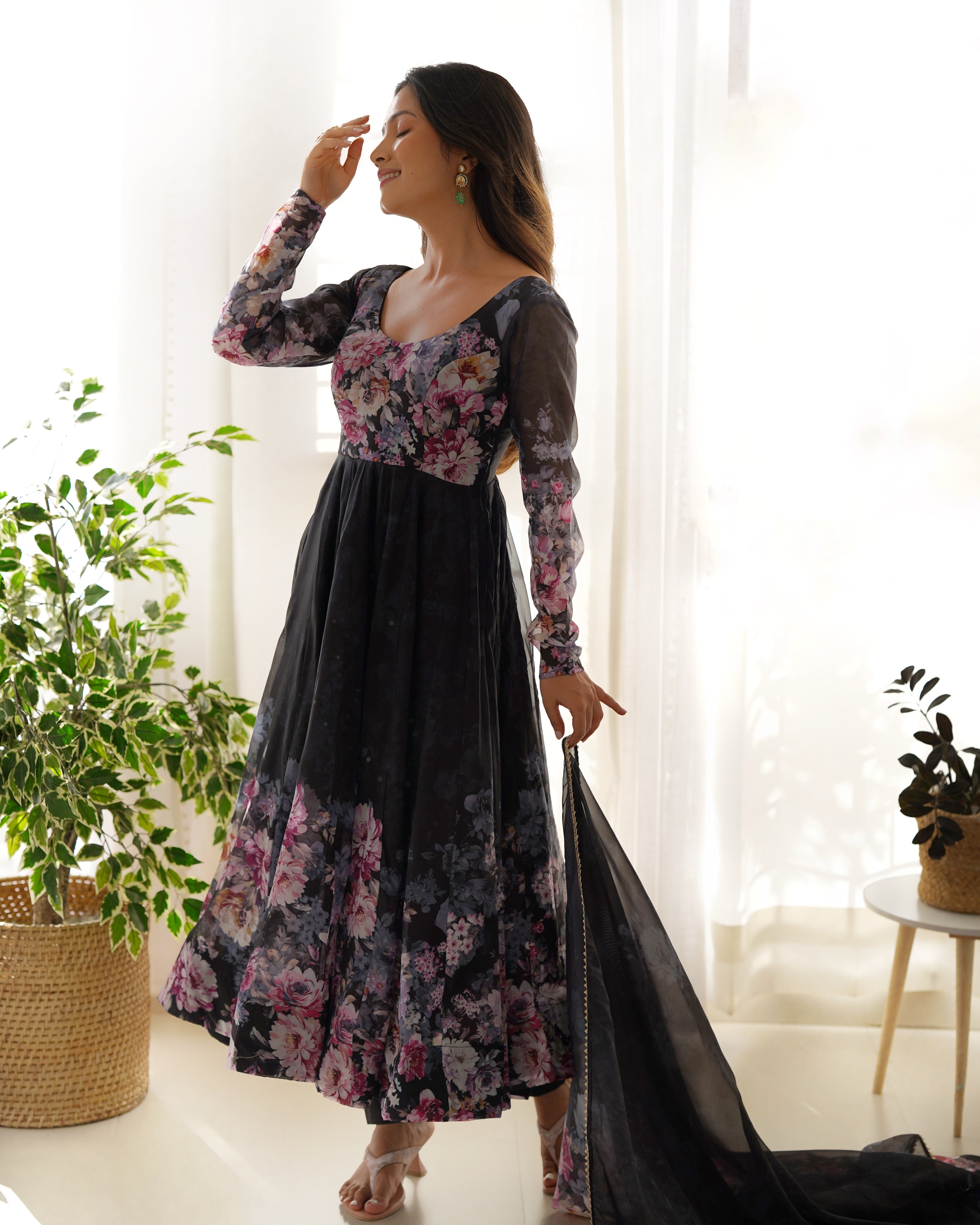 Black Floral Anarkali Dress Georgette Gown Full Stitched Partywear Gown Indian Dress