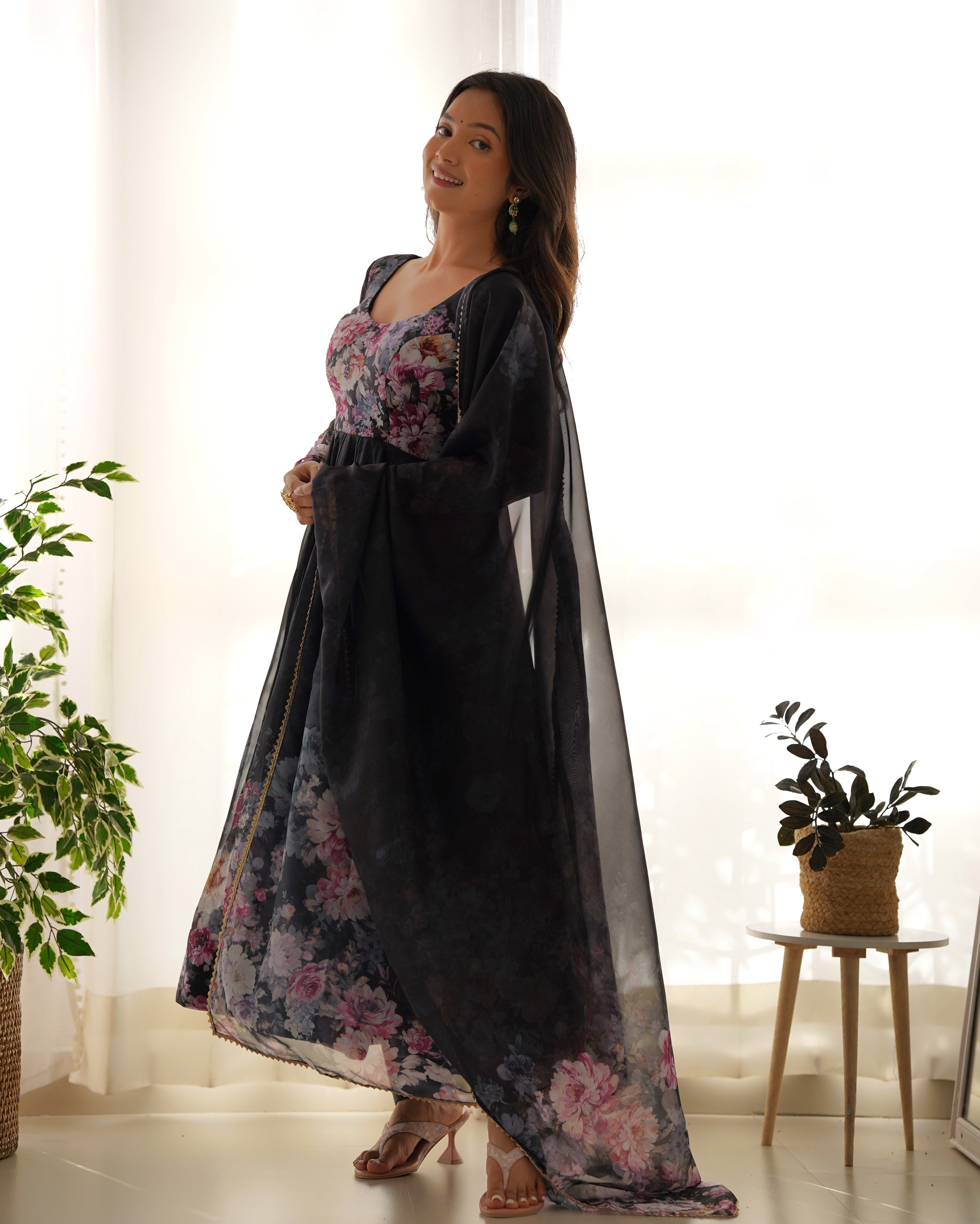 Black Floral Anarkali Dress Georgette Gown Full Stitched Partywear Gown Indian Dress
