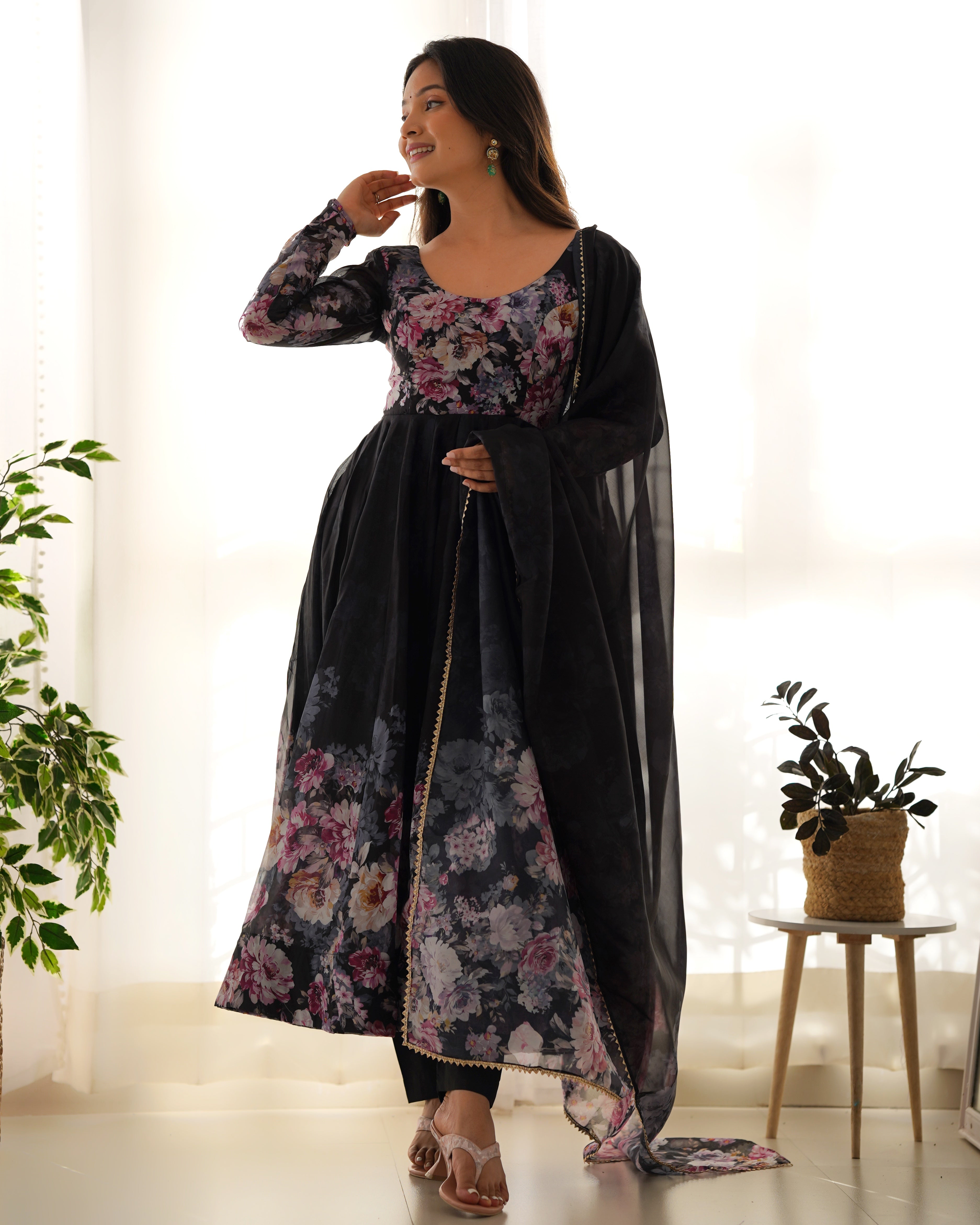 Black Floral Anarkali Dress Georgette Gown Full Stitched Partywear Gown Indian Dress