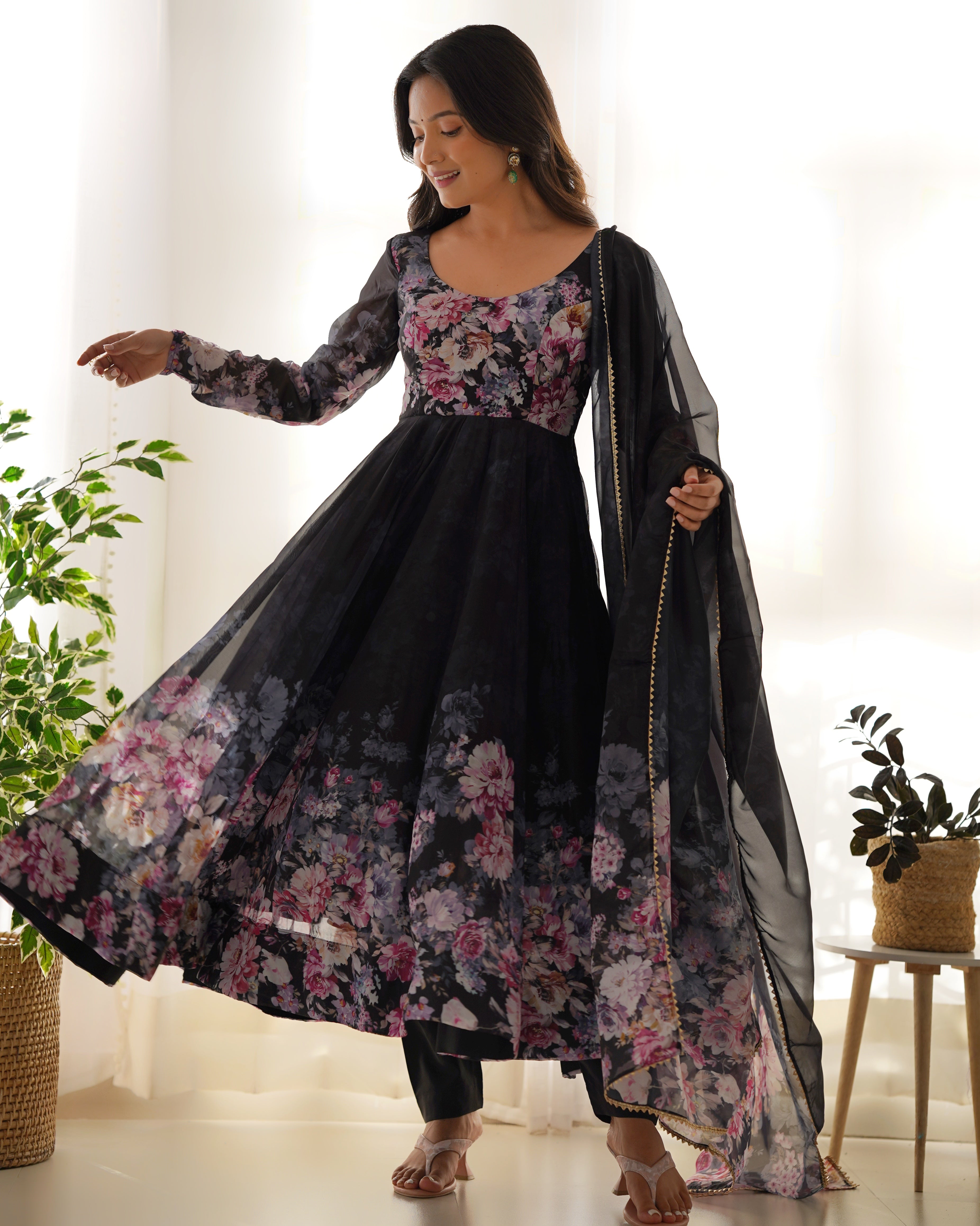Black Floral Anarkali Dress Georgette Gown Full Stitched Partywear Gown Indian Dress
