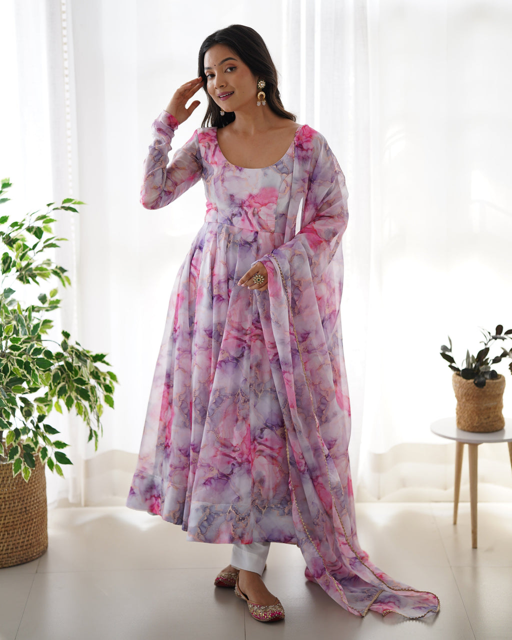 Pink Marbel Organja Silk Fabric Fully Flair Kali Pattern And Canvas Patta With Duppta Set,Pent Ready To Wear