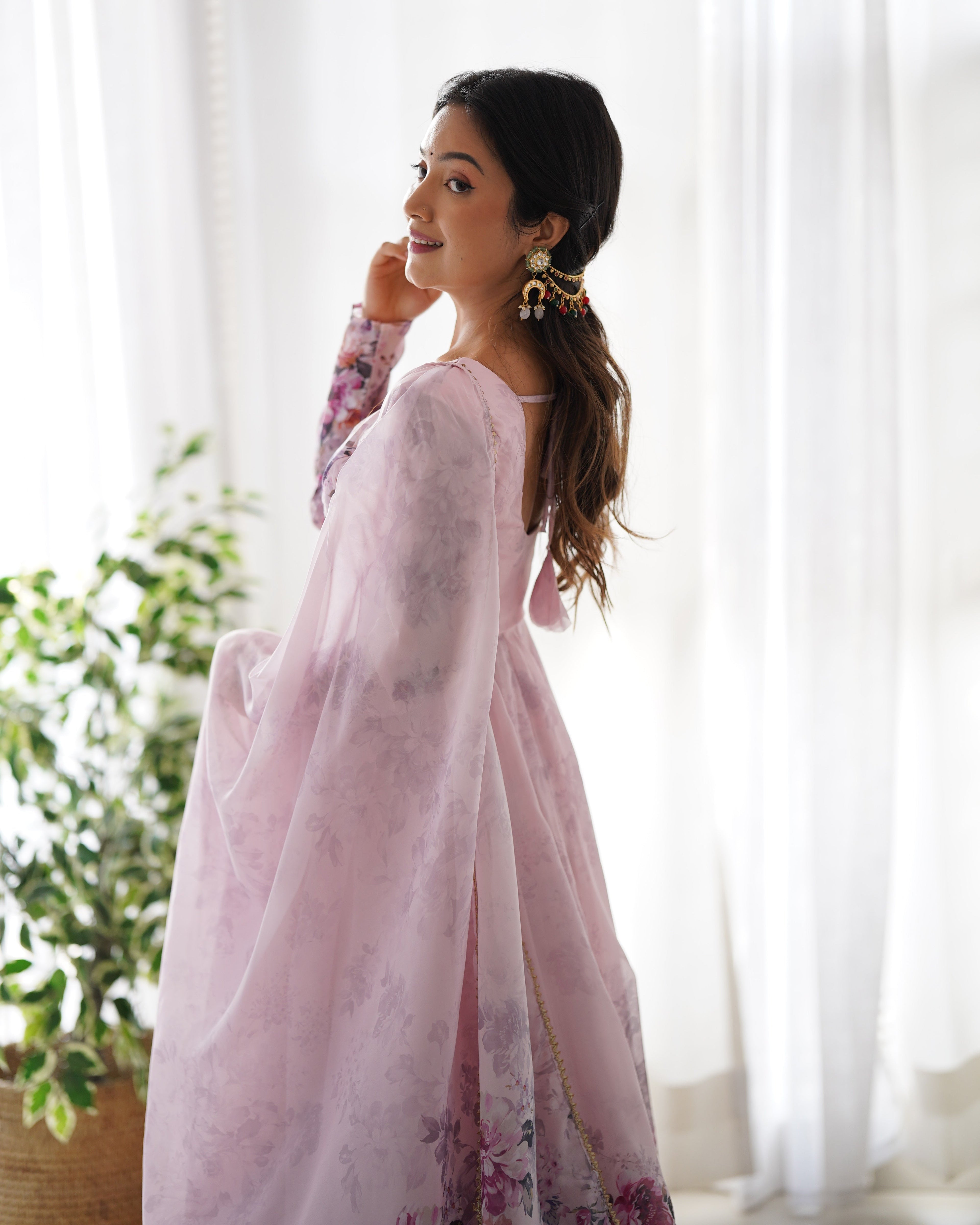 Light Pink Floral Anarkali Dress Gown Full Stitched Partywear Gown Indian Dress
