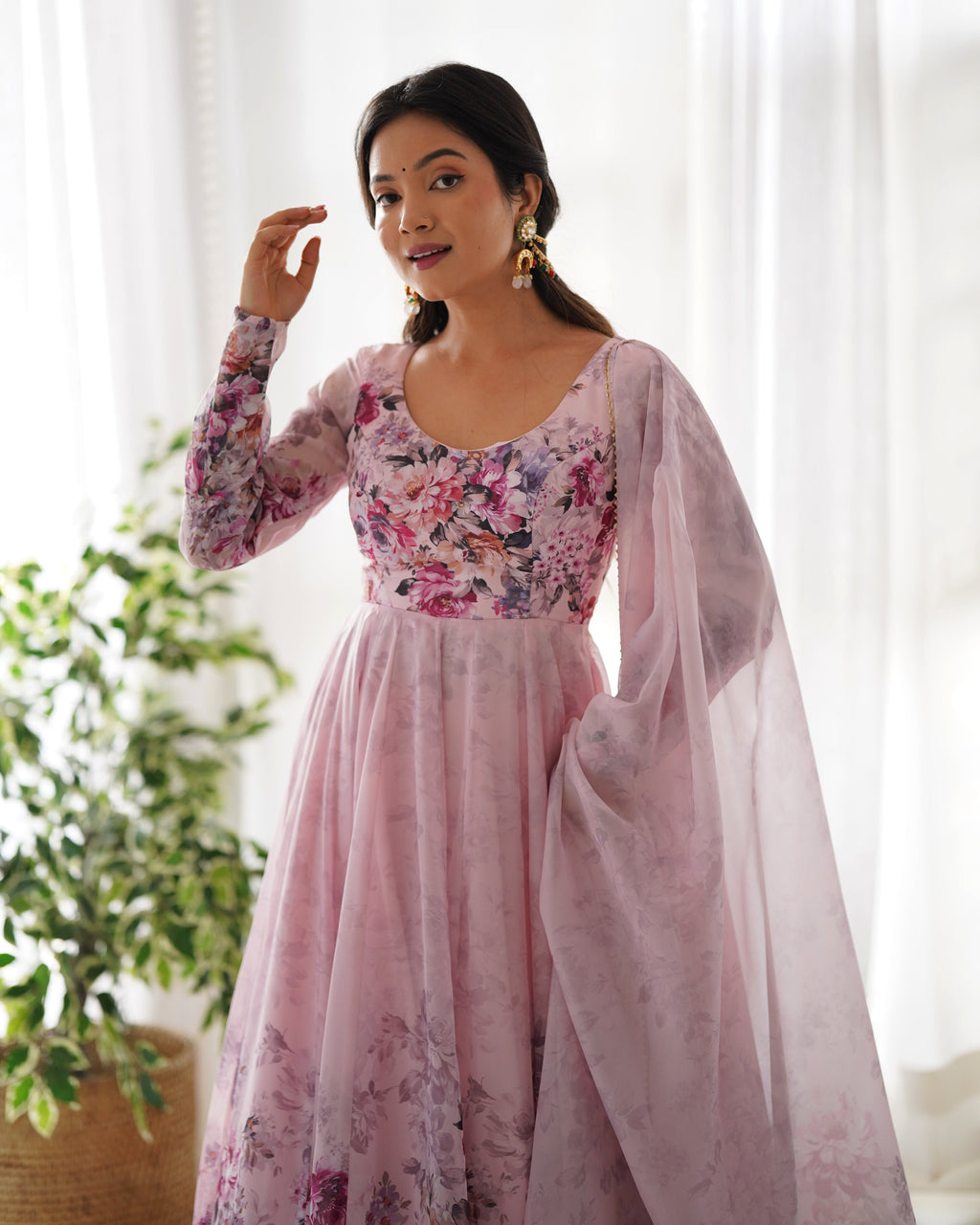 Light Pink Floral Anarkali Dress Gown Full Stitched Partywear Gown Indian Dress