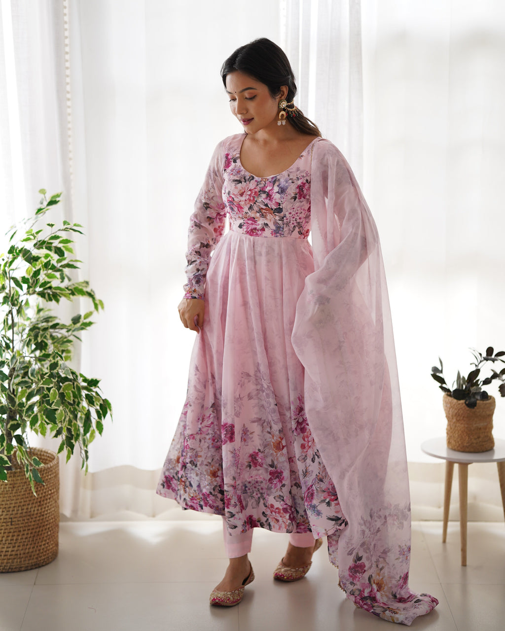 Light Pink Floral Anarkali Dress Gown Full Stitched Partywear Gown Indian Dress