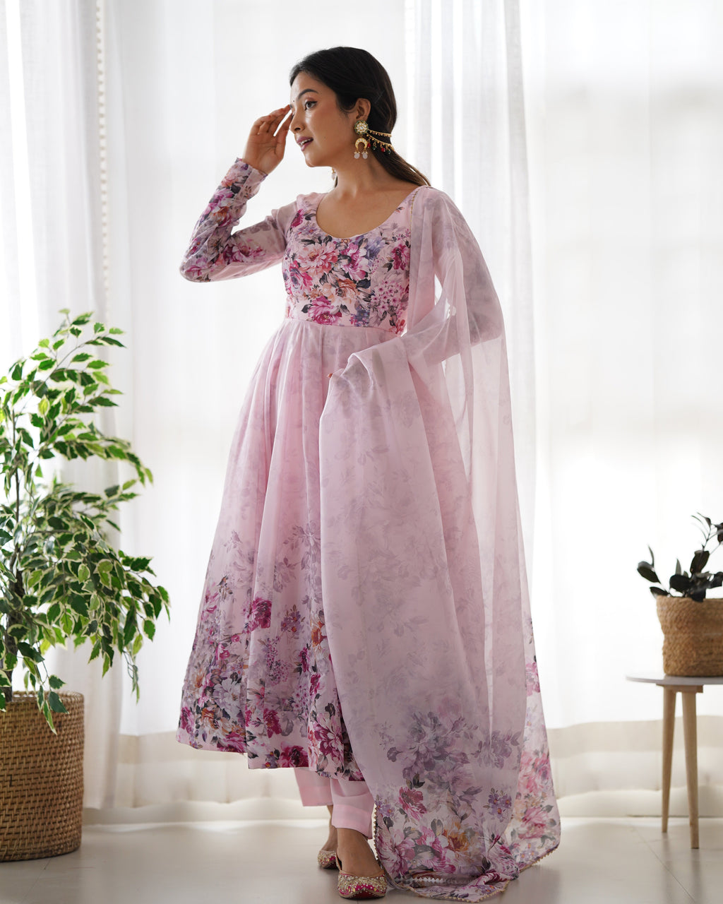 Light Pink Floral Anarkali Dress Gown Full Stitched Partywear Gown Indian Dress