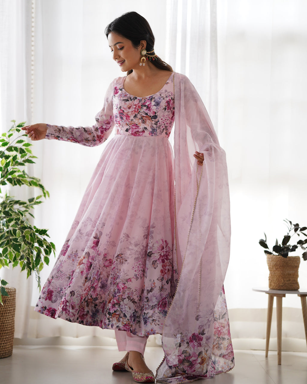 Light Pink Floral Anarkali Dress Gown Full Stitched Partywear Gown Indian Dress