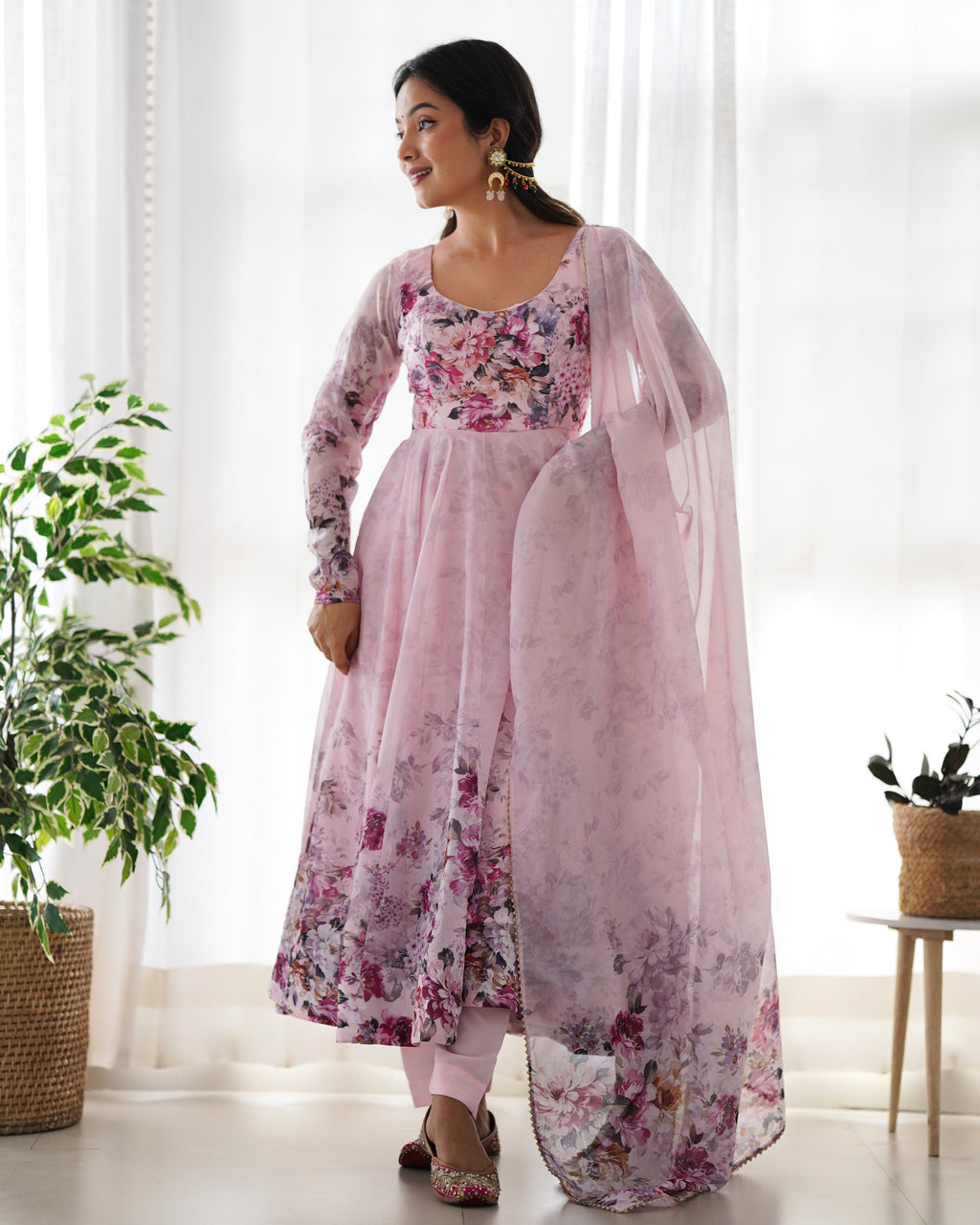 Light Pink Floral Anarkali Dress Gown Full Stitched Partywear Gown Indian Dress