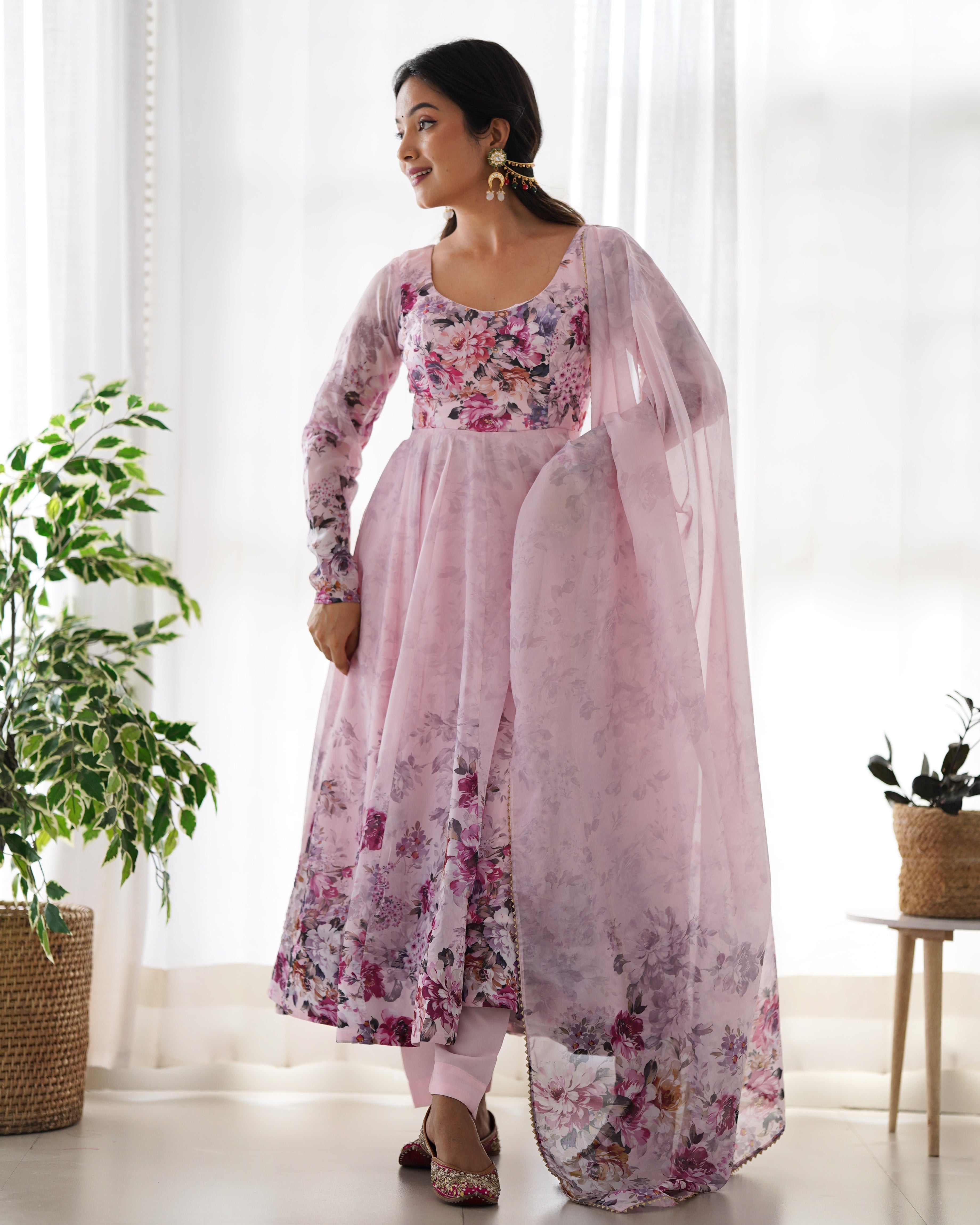 Light Pink Floral Anarkali Dress Gown Full Stitched Partywear Gown Indian Dress