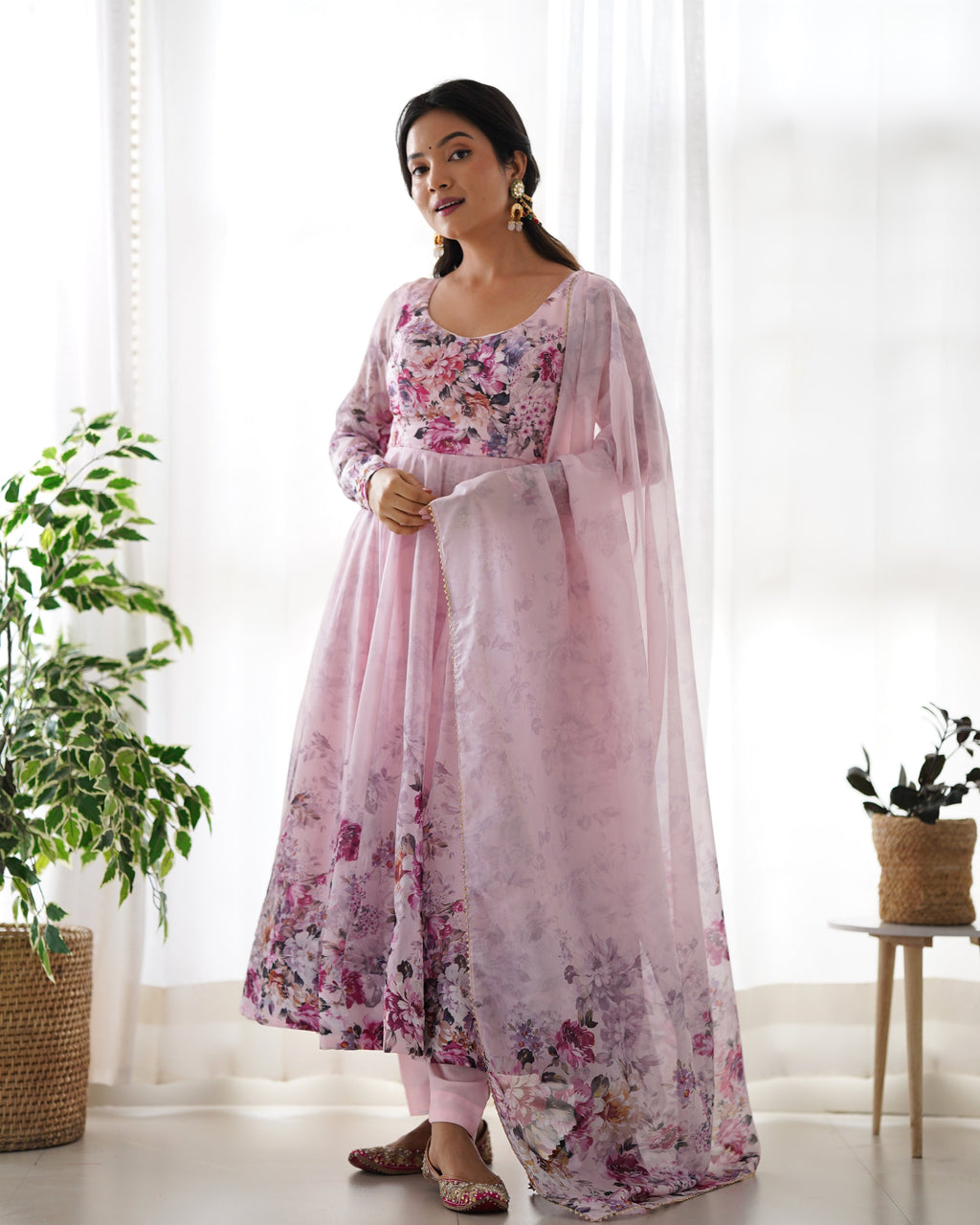 Light Pink Floral Anarkali Dress Gown Full Stitched Partywear Gown Indian Dress