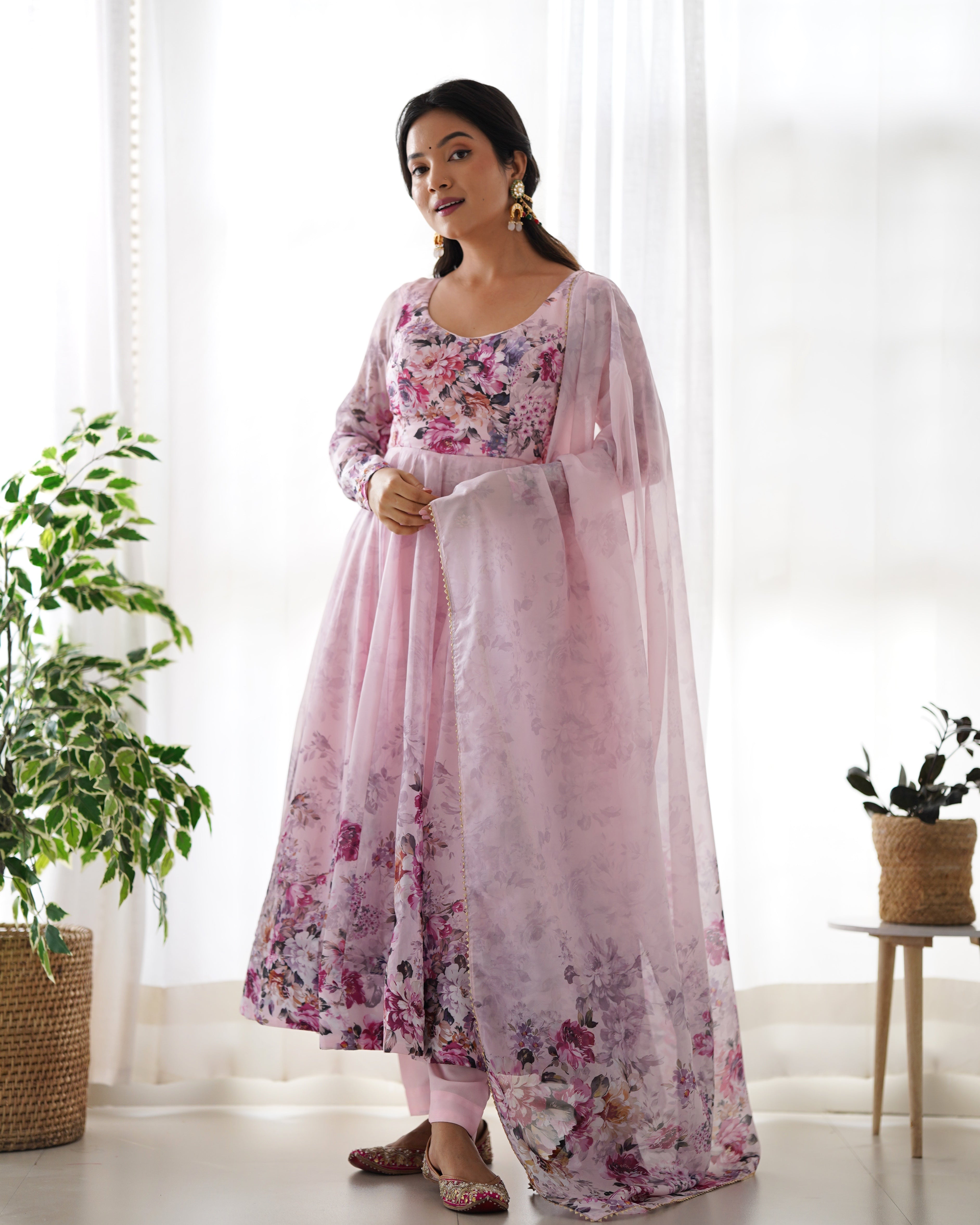 Light Pink Floral Anarkali Dress Gown Full Stitched Partywear Gown Indian Dress