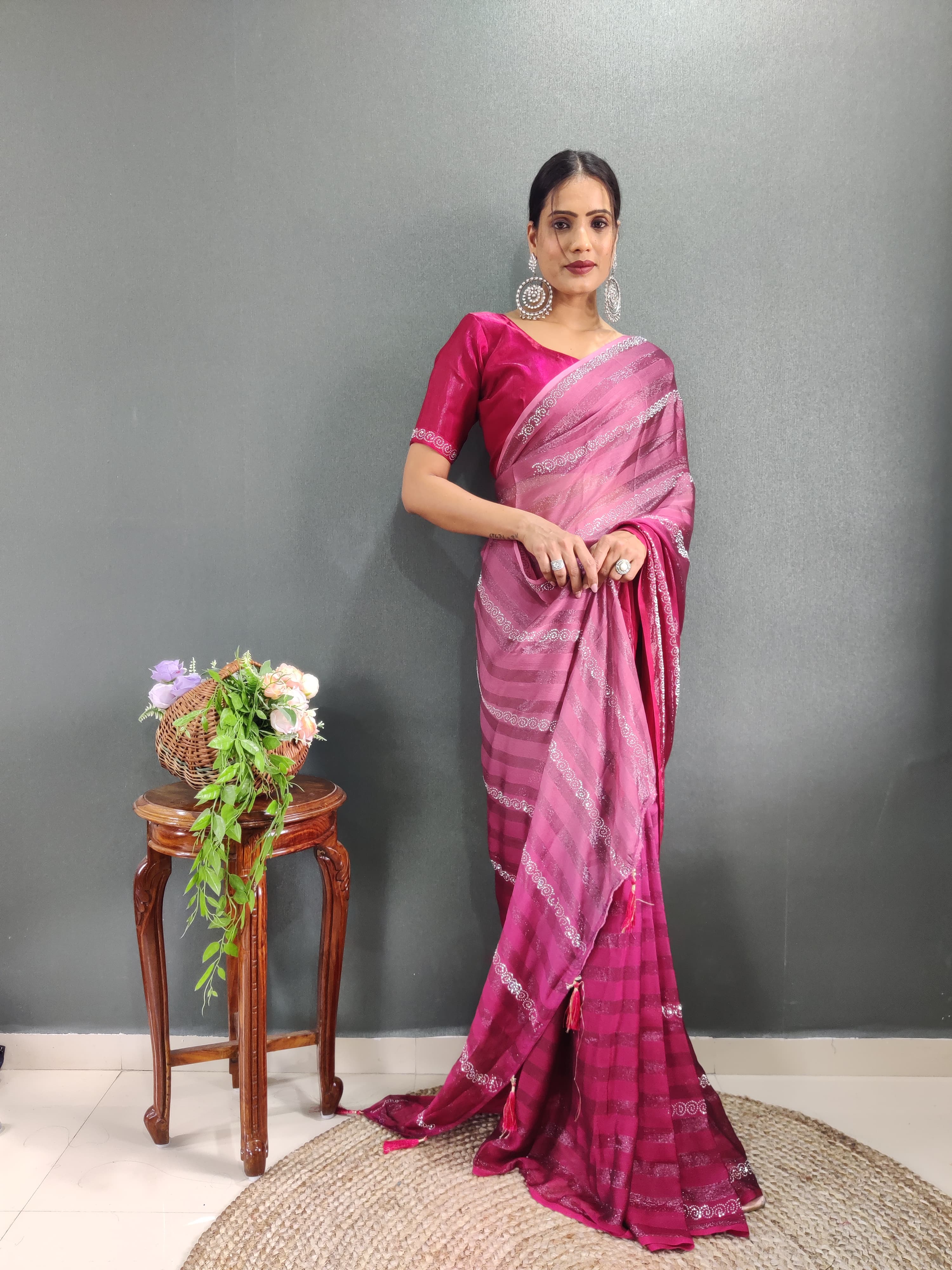Trendy Swarowski Diamond Saree Wedding Wear sari Indian Outfit Ready to Wear saree