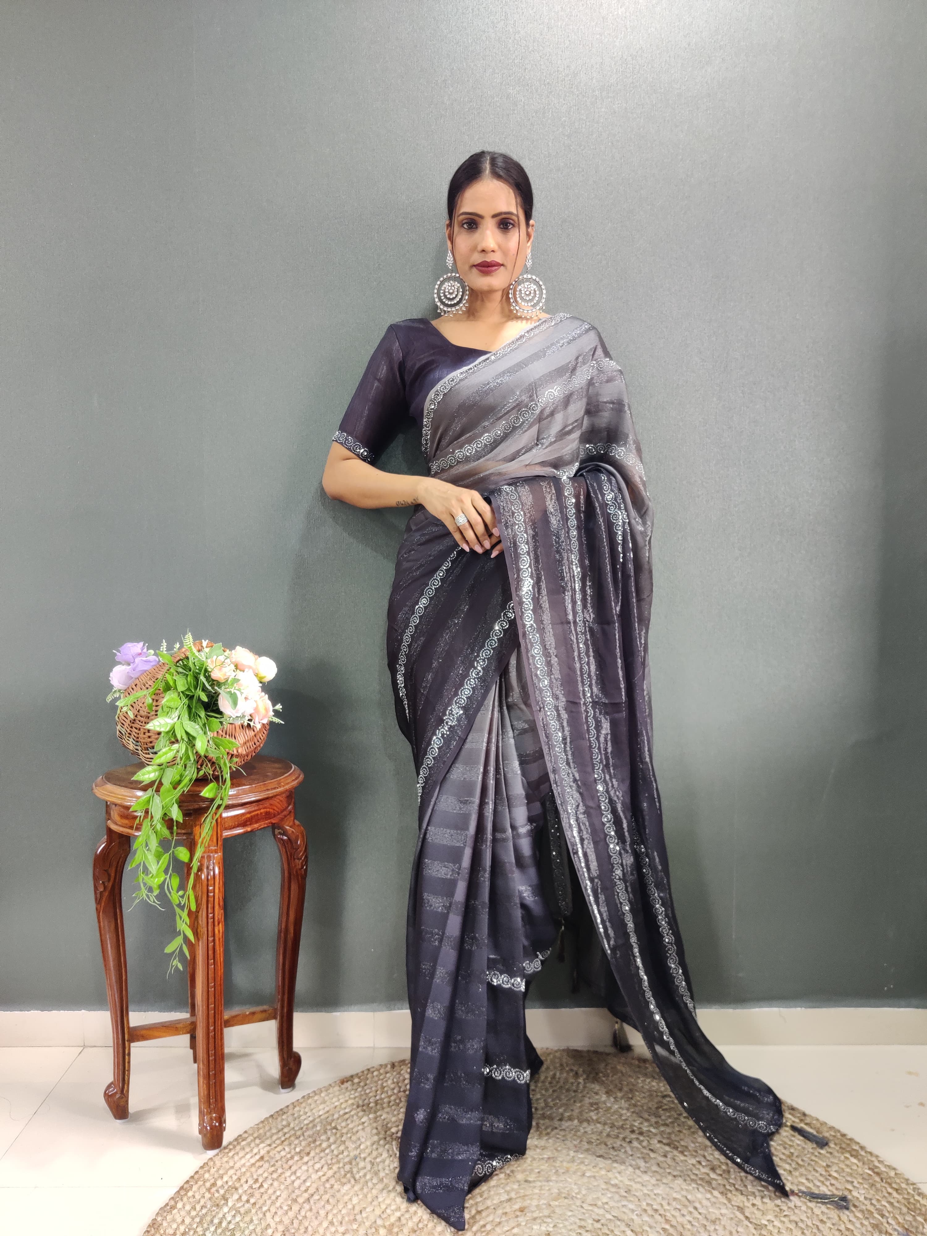 Trendy Swarowski Diamond Saree Wedding Wear sari Indian Outfit Ready to Wear saree