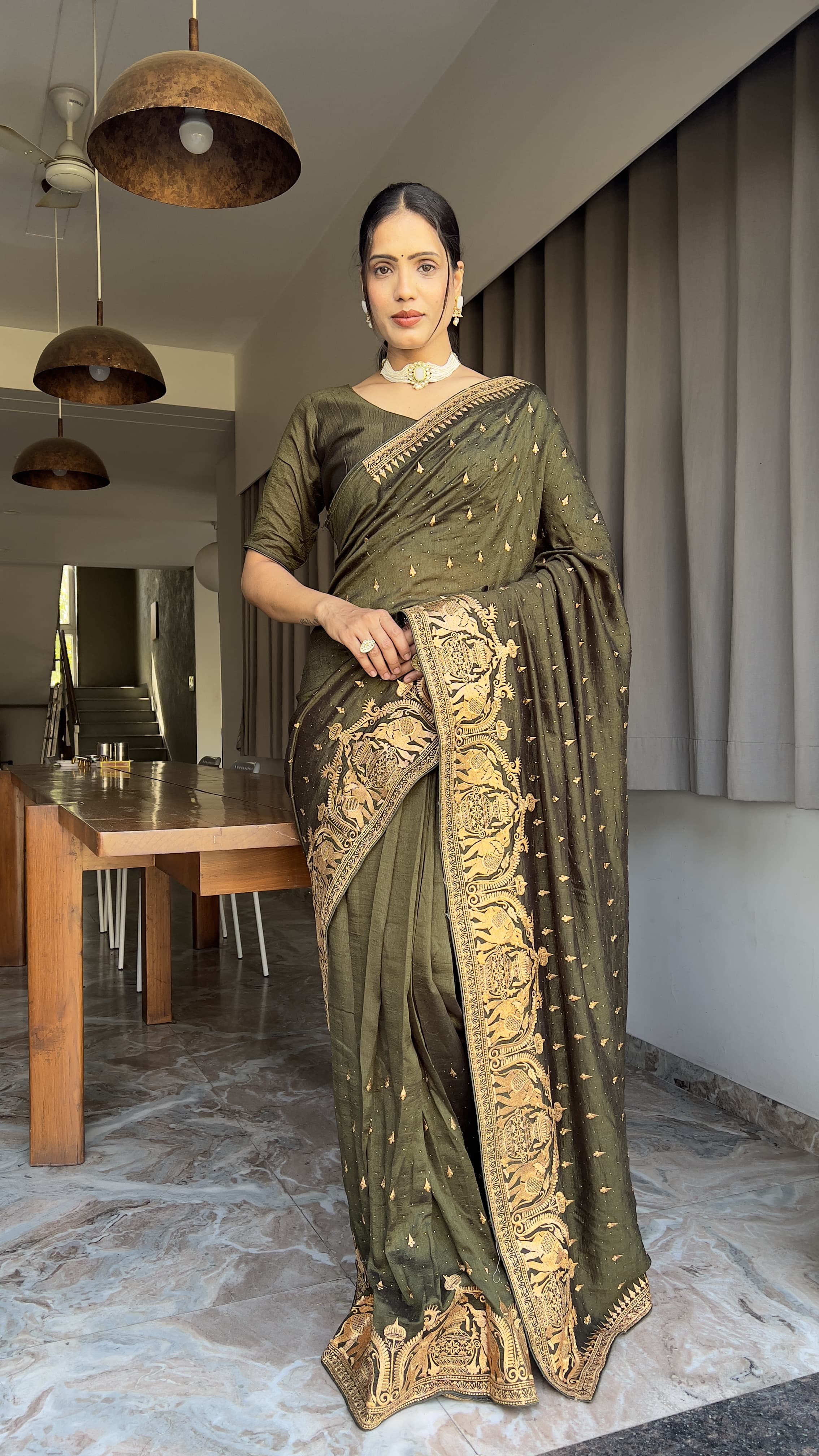 Designer Mehndi Color Wedding Saree Vichitra Silk Festival Sari Ready To Wear saree Indian Dress