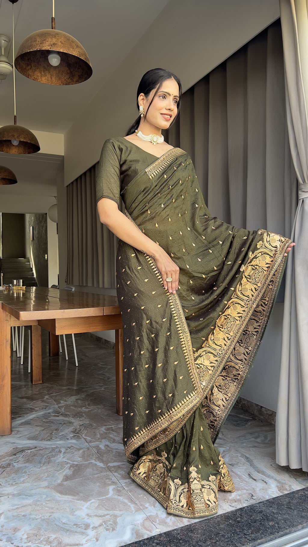Designer Mehndi Color Wedding Saree Vichitra Silk Festival Sari Ready To Wear saree Indian Dress